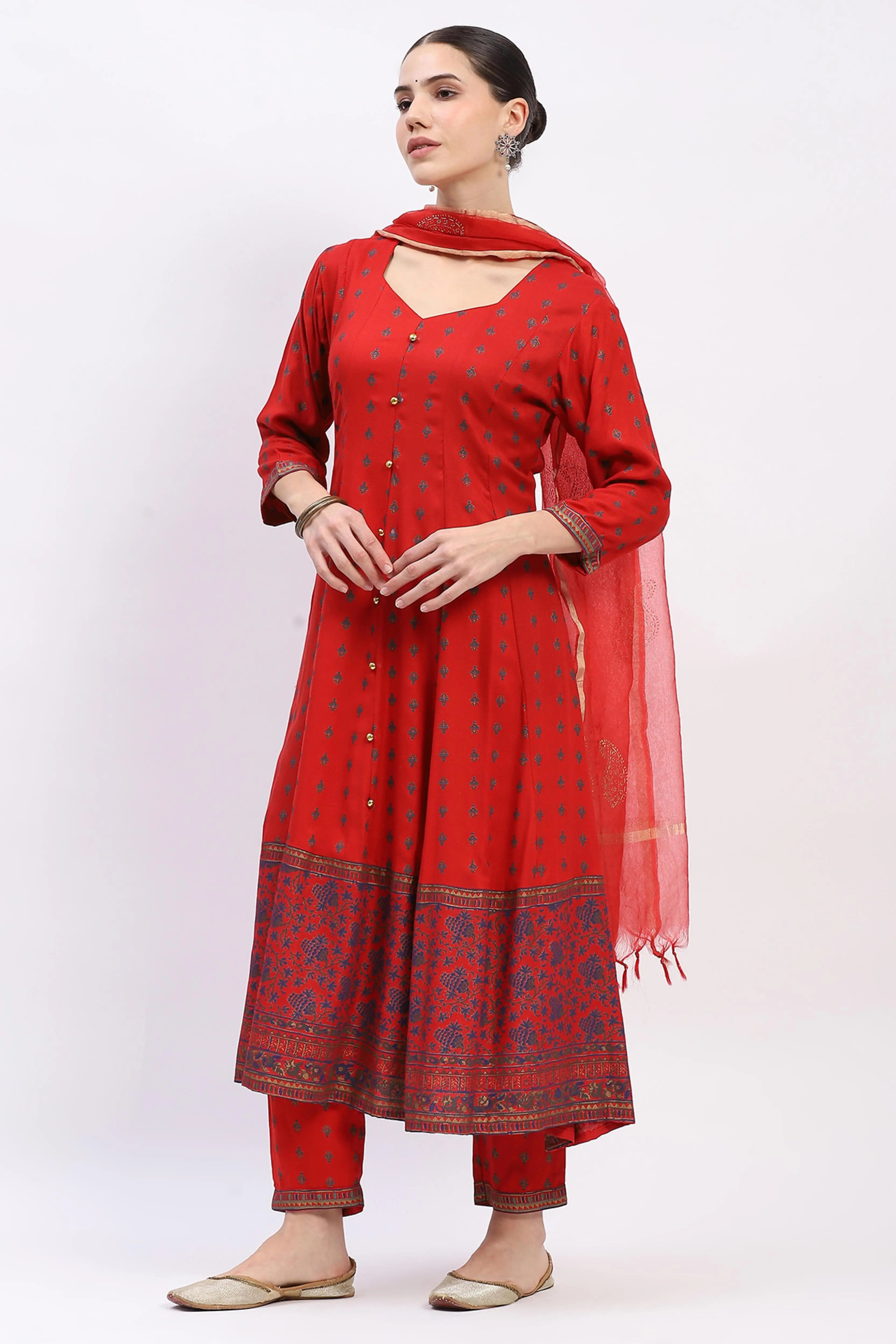 Foil-Printed Muslin Anarkali Suit Set - Global Republic