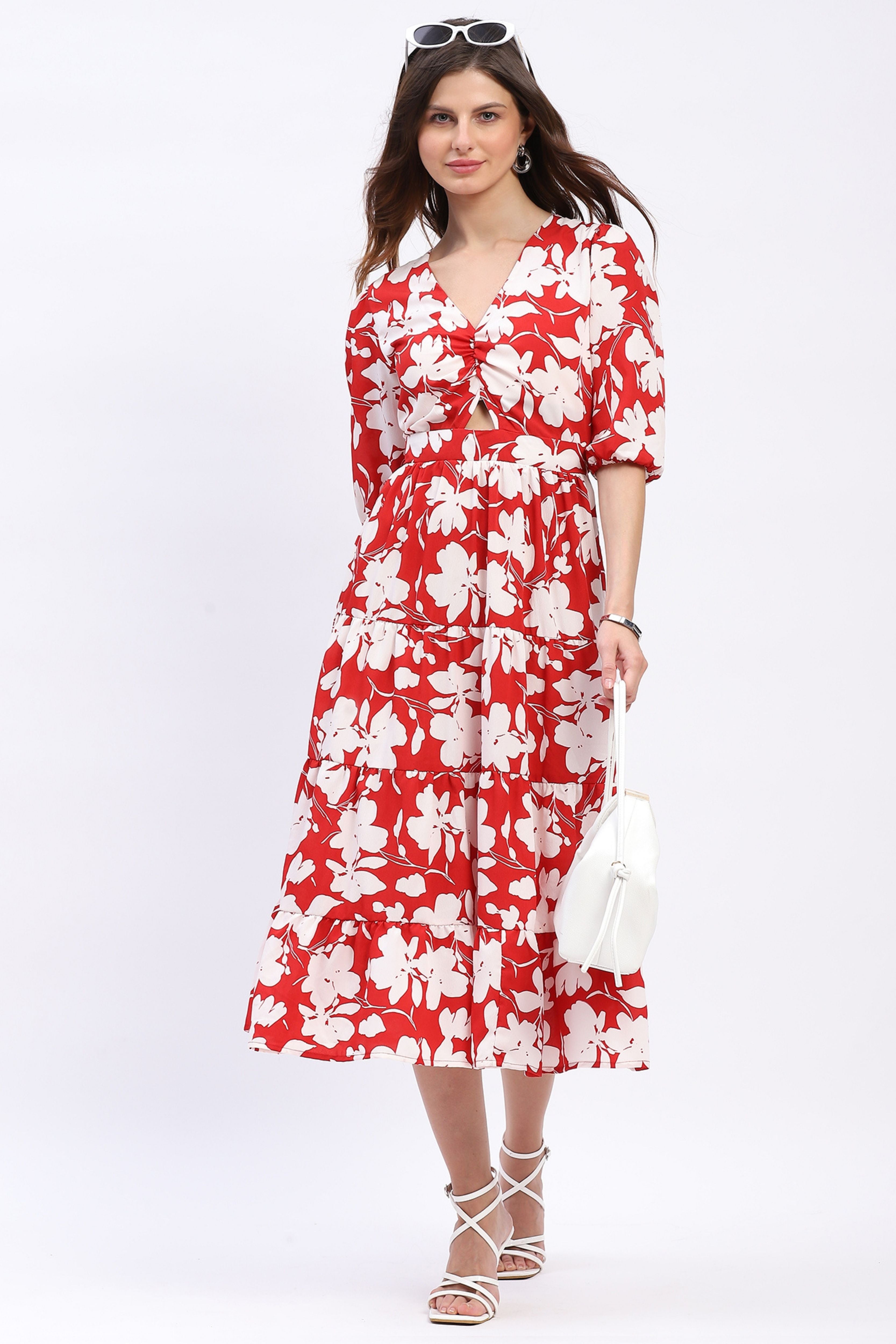 Red & White Floral Tiered Flared Dress