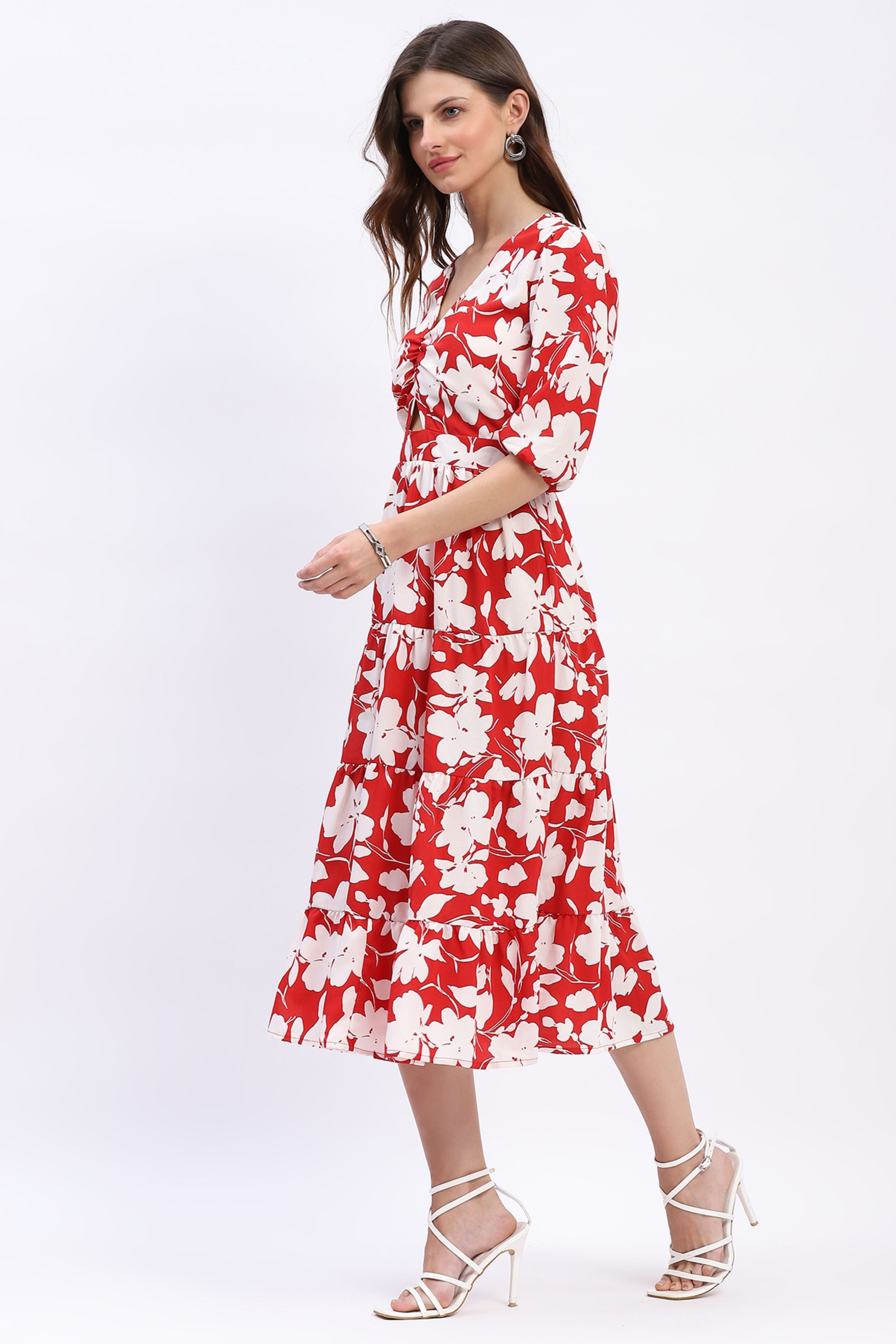 Red & White Floral Tiered Flared Dress