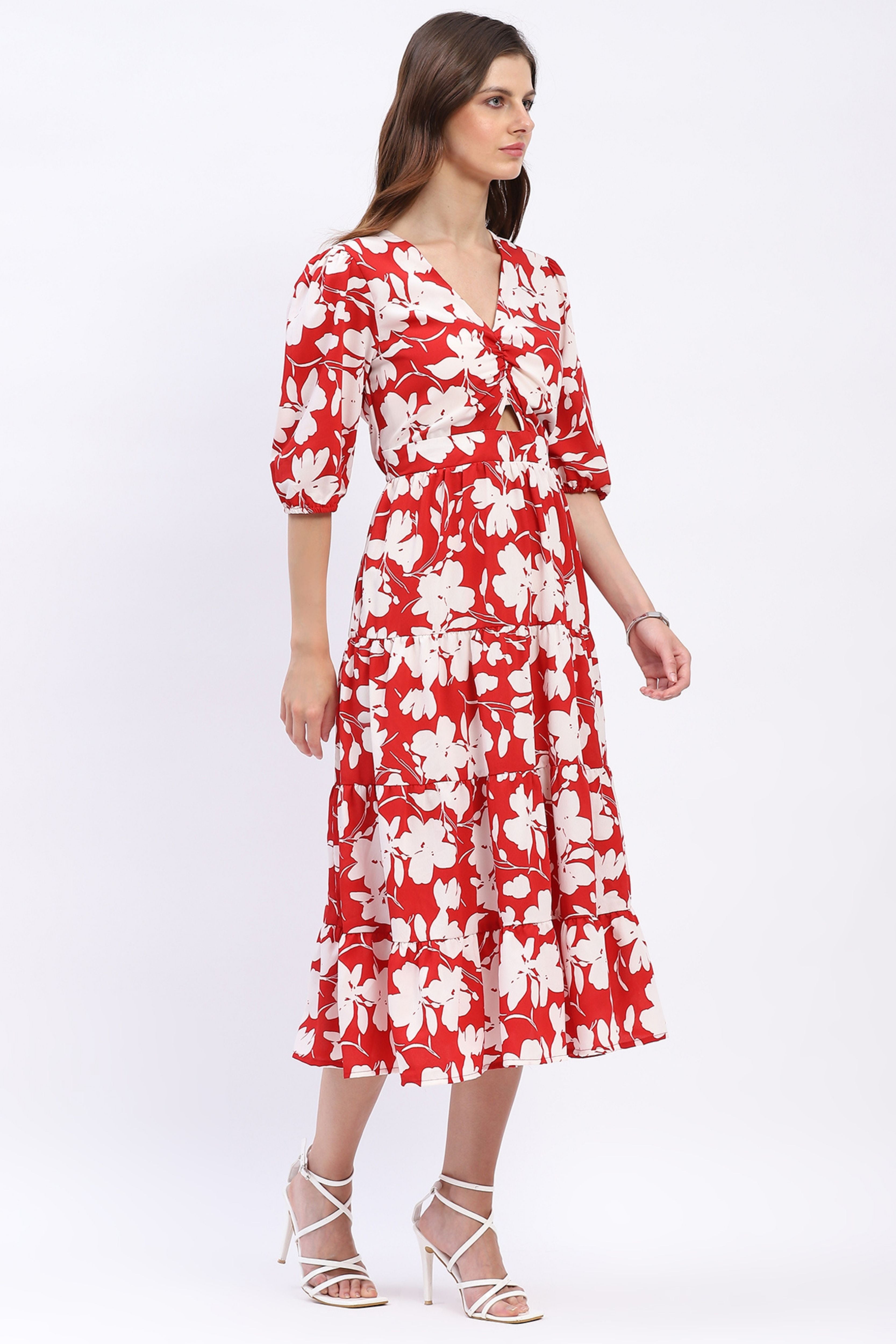 Red & White Floral Tiered Flared Dress