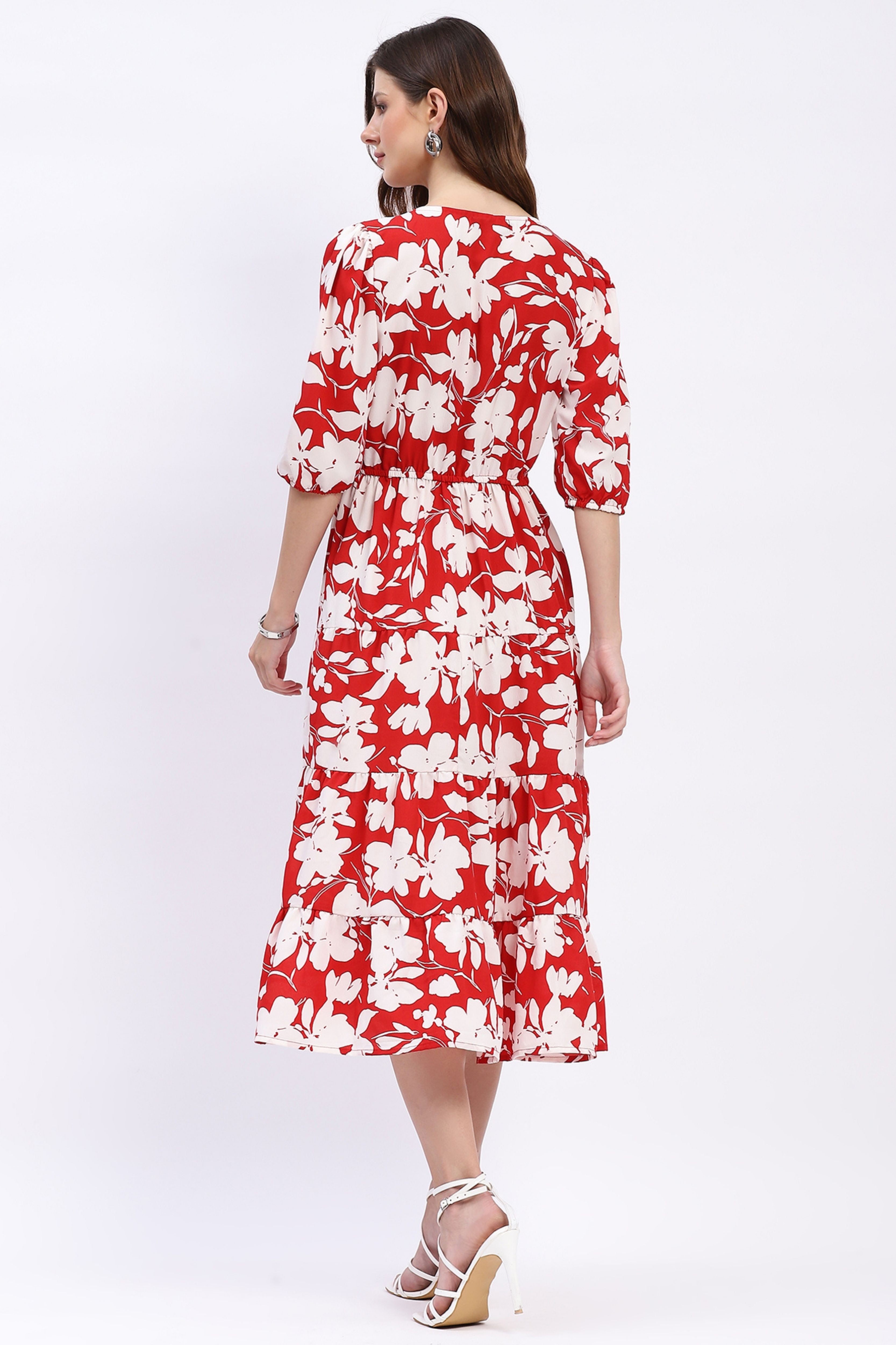Red & White Floral Tiered Flared Dress