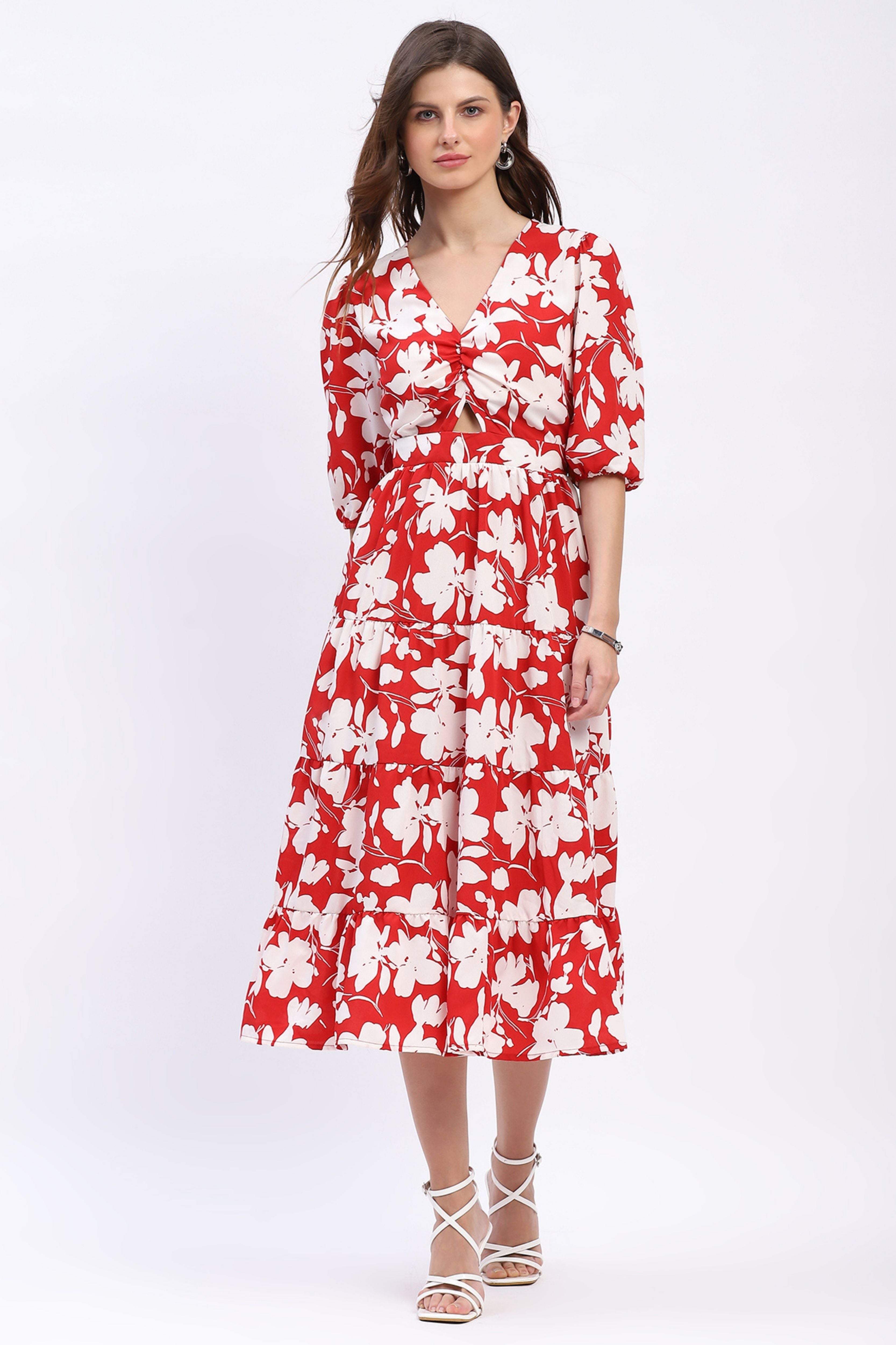 Red & White Floral Tiered Flared Dress