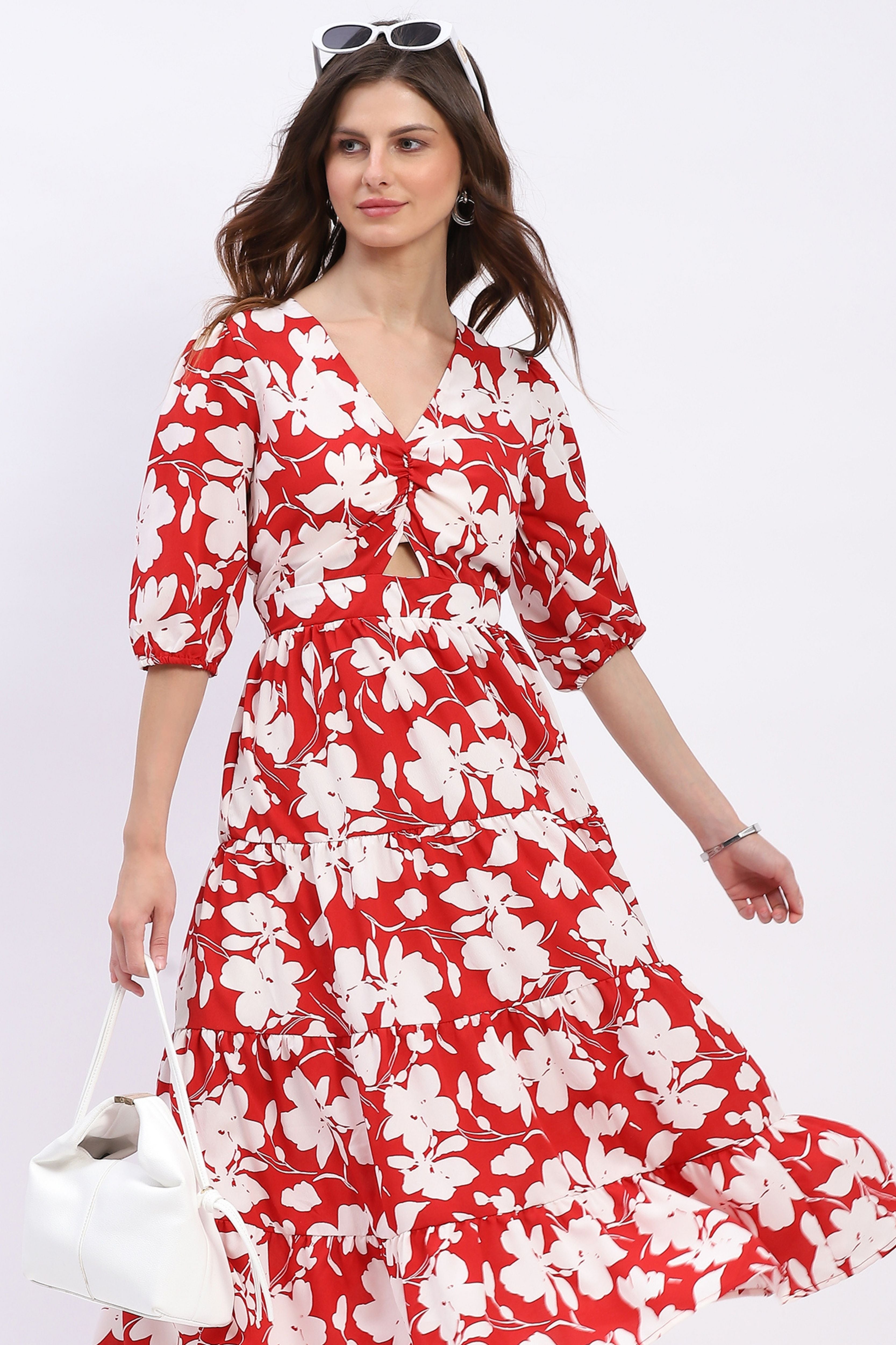 Red & White Floral Tiered Flared Dress