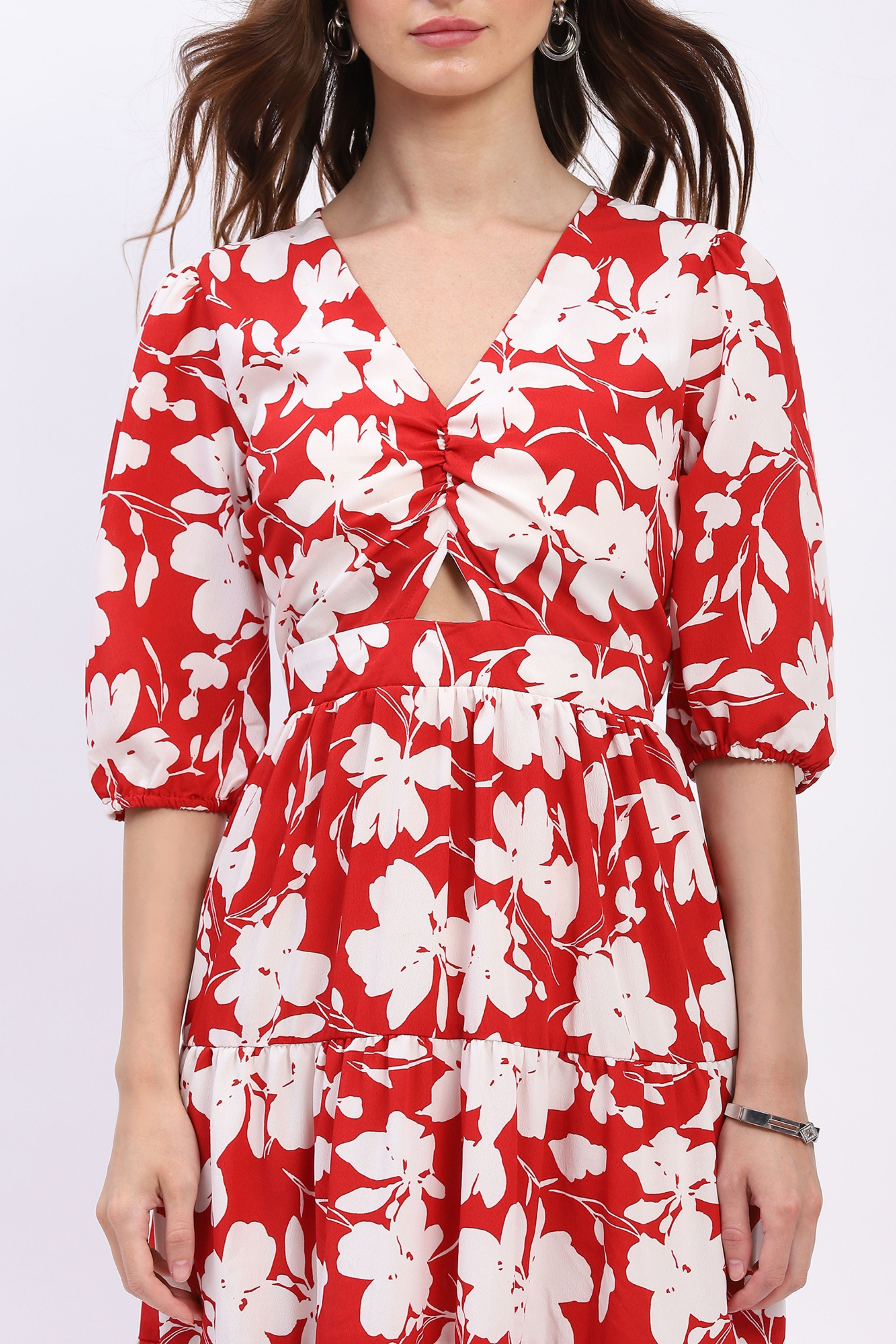 Red & White Floral Tiered Flared Dress