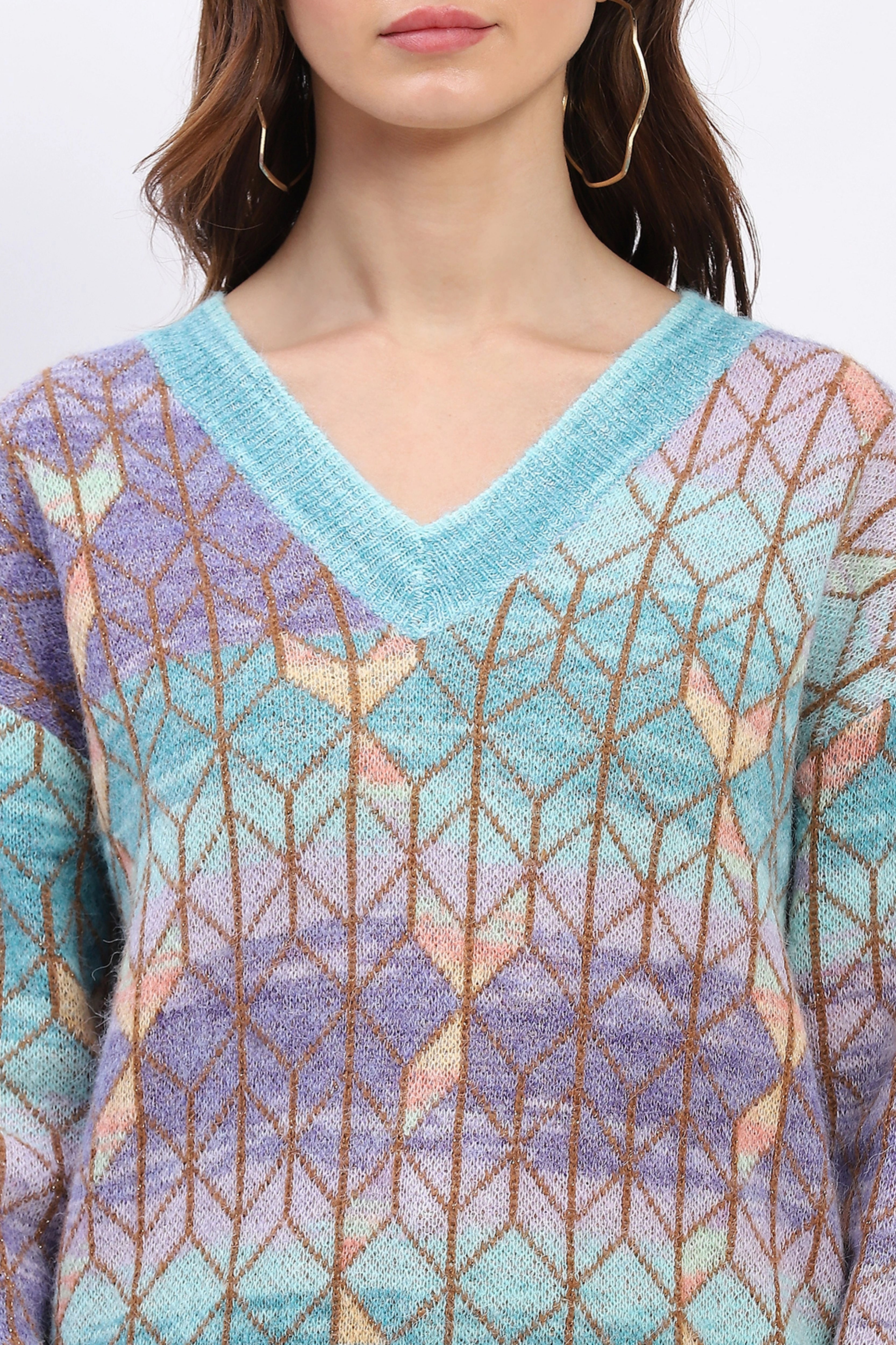 Multicolor Geometric V-Neck Pullover