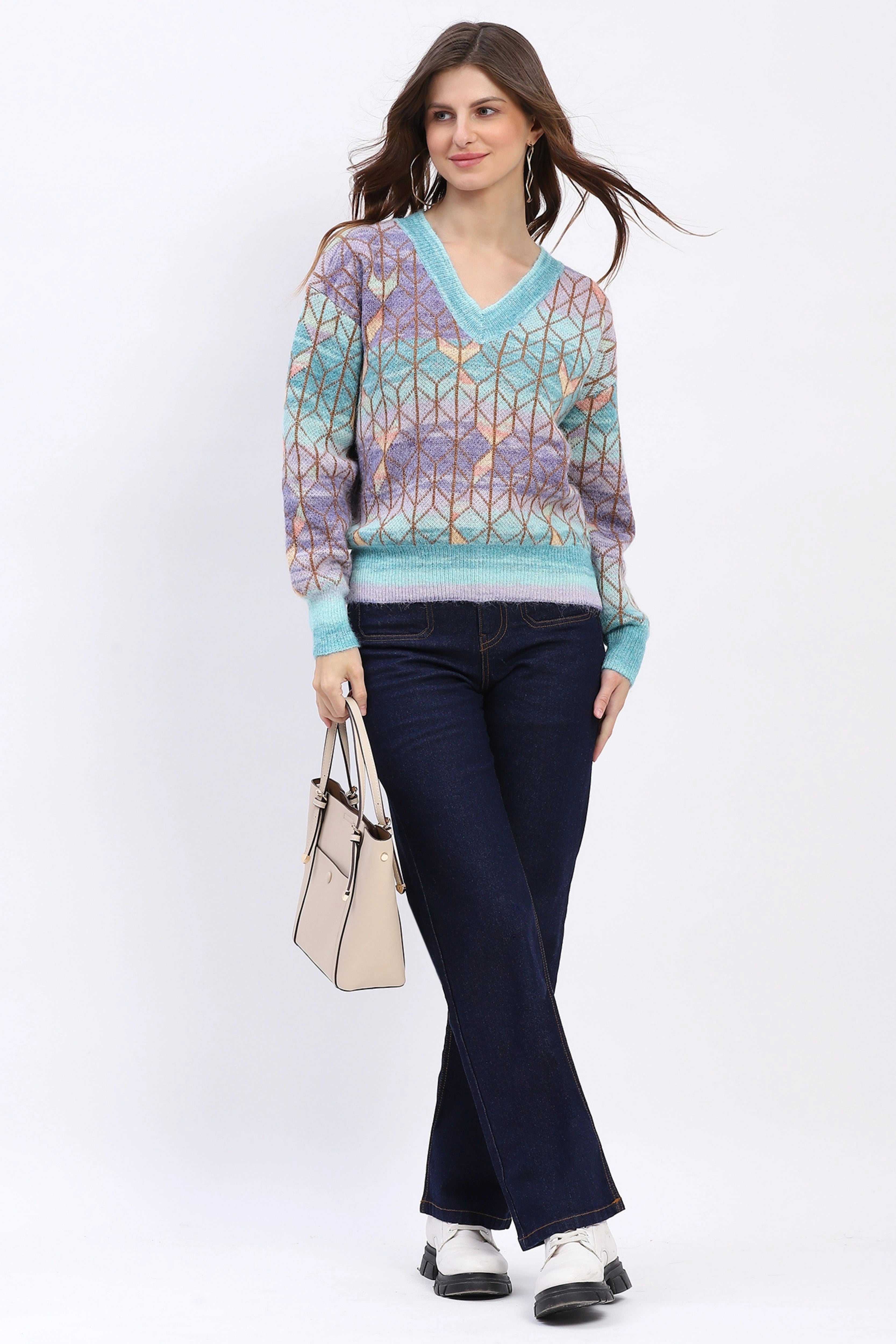 Multicolor Geometric V-Neck Pullover - Global Republic