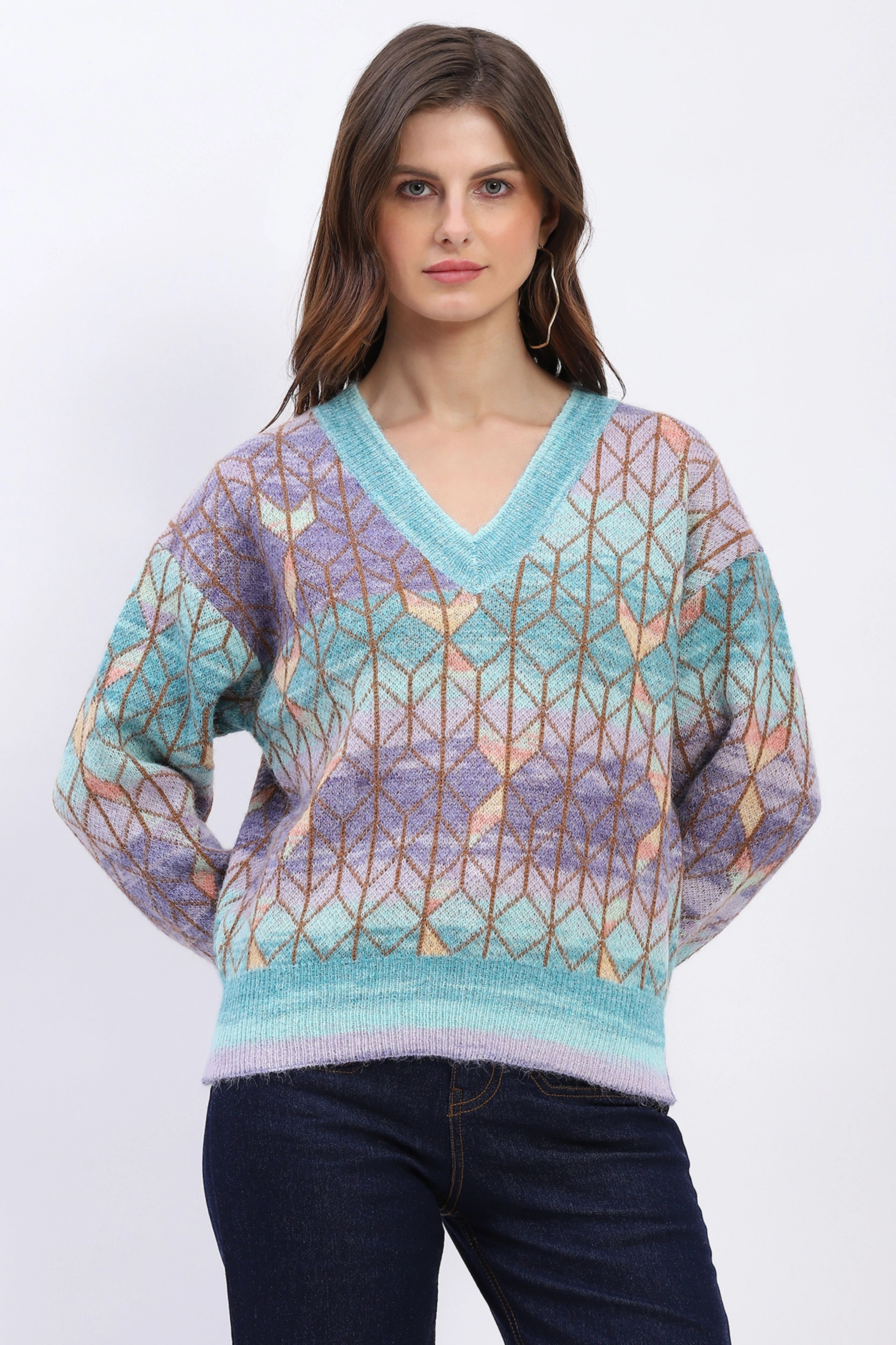 Multicolor Geometric V-Neck Pullover