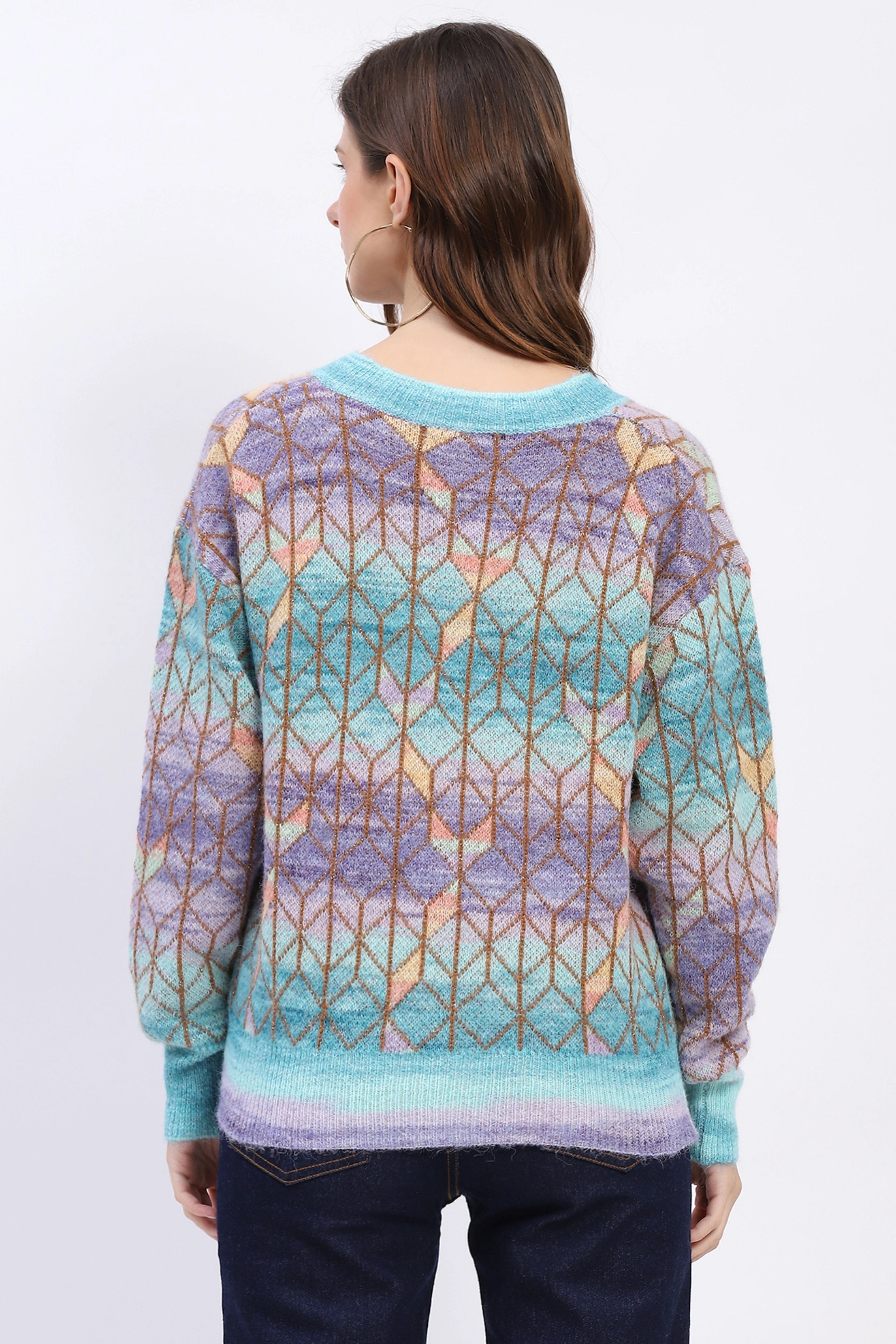 Multicolor Geometric V-Neck Pullover