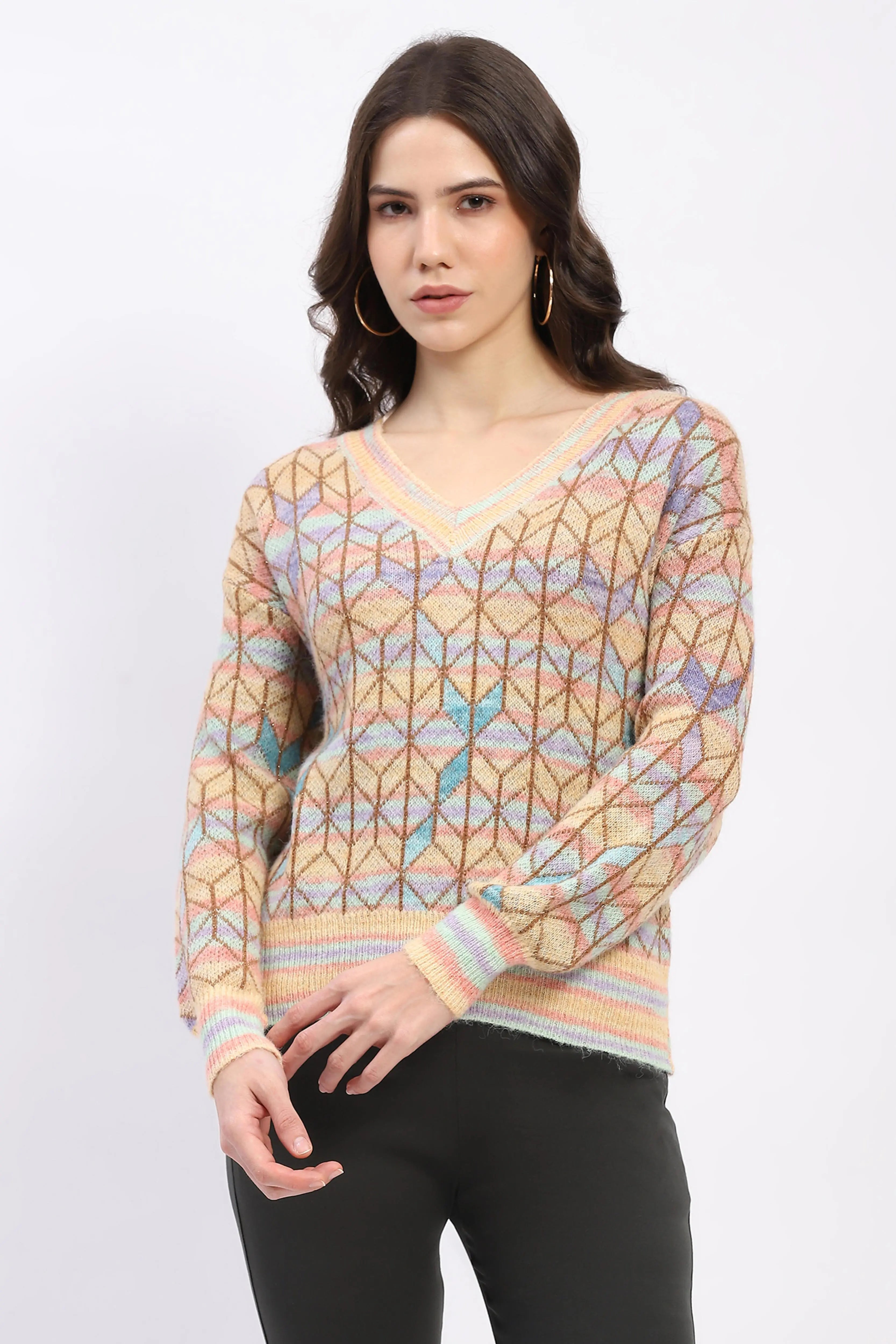 Multicolor Geometric V-Neck Pullover - Global Republic