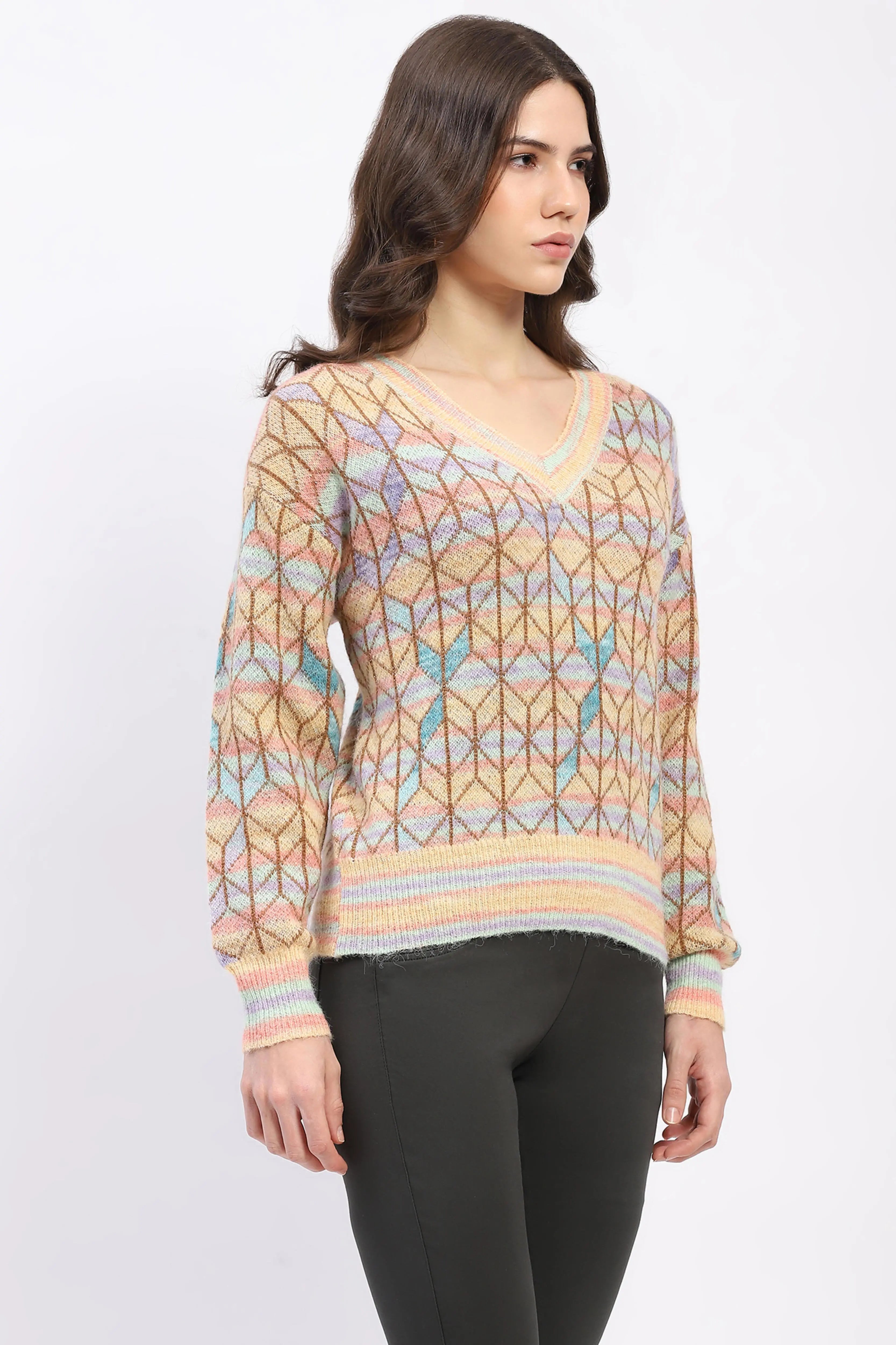 Multicolor Geometric V-Neck Pullover - Global Republic