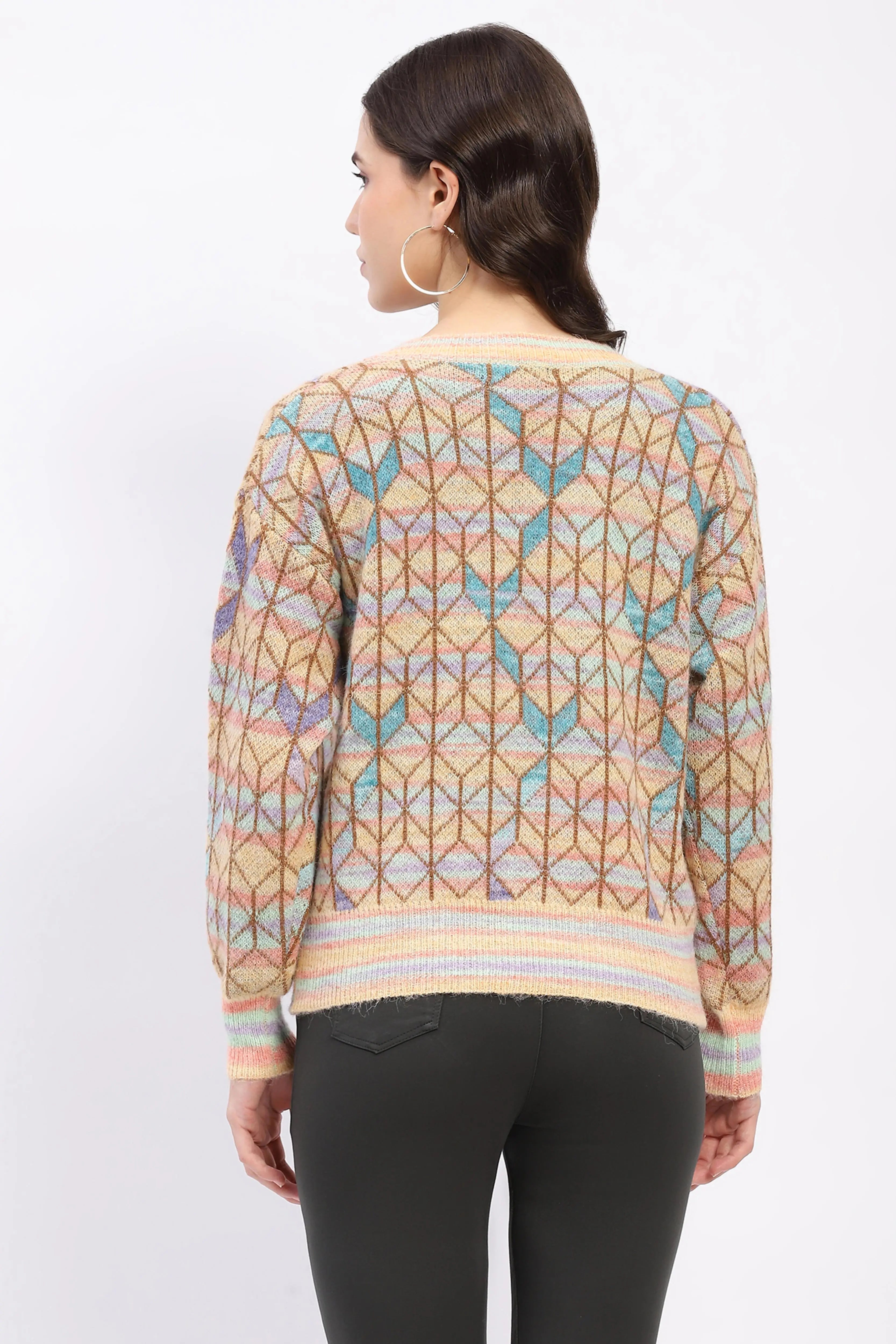 Multicolor Geometric V-Neck Pullover - Global Republic