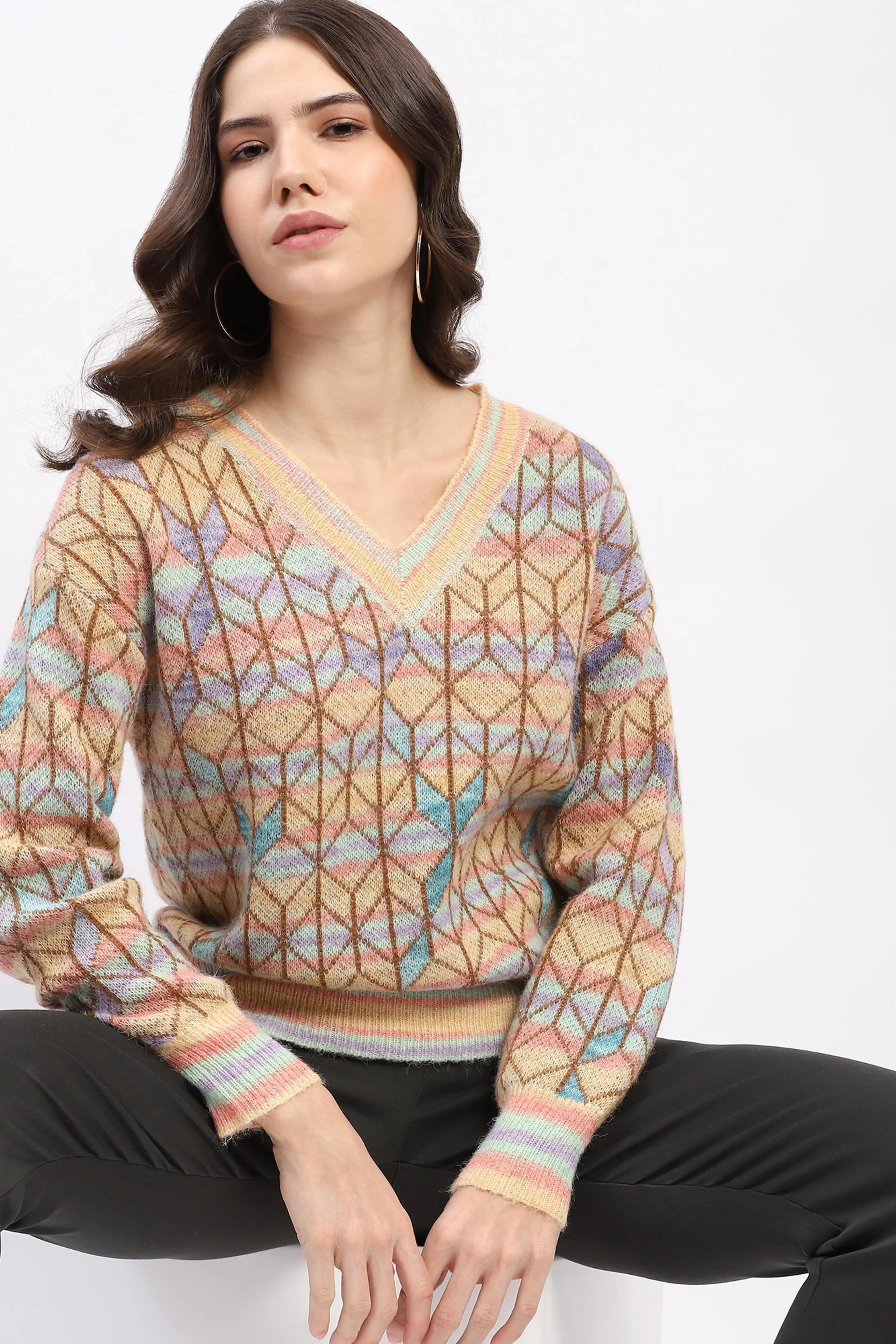 Multicolor Geometric V-Neck Pullover - Global Republic