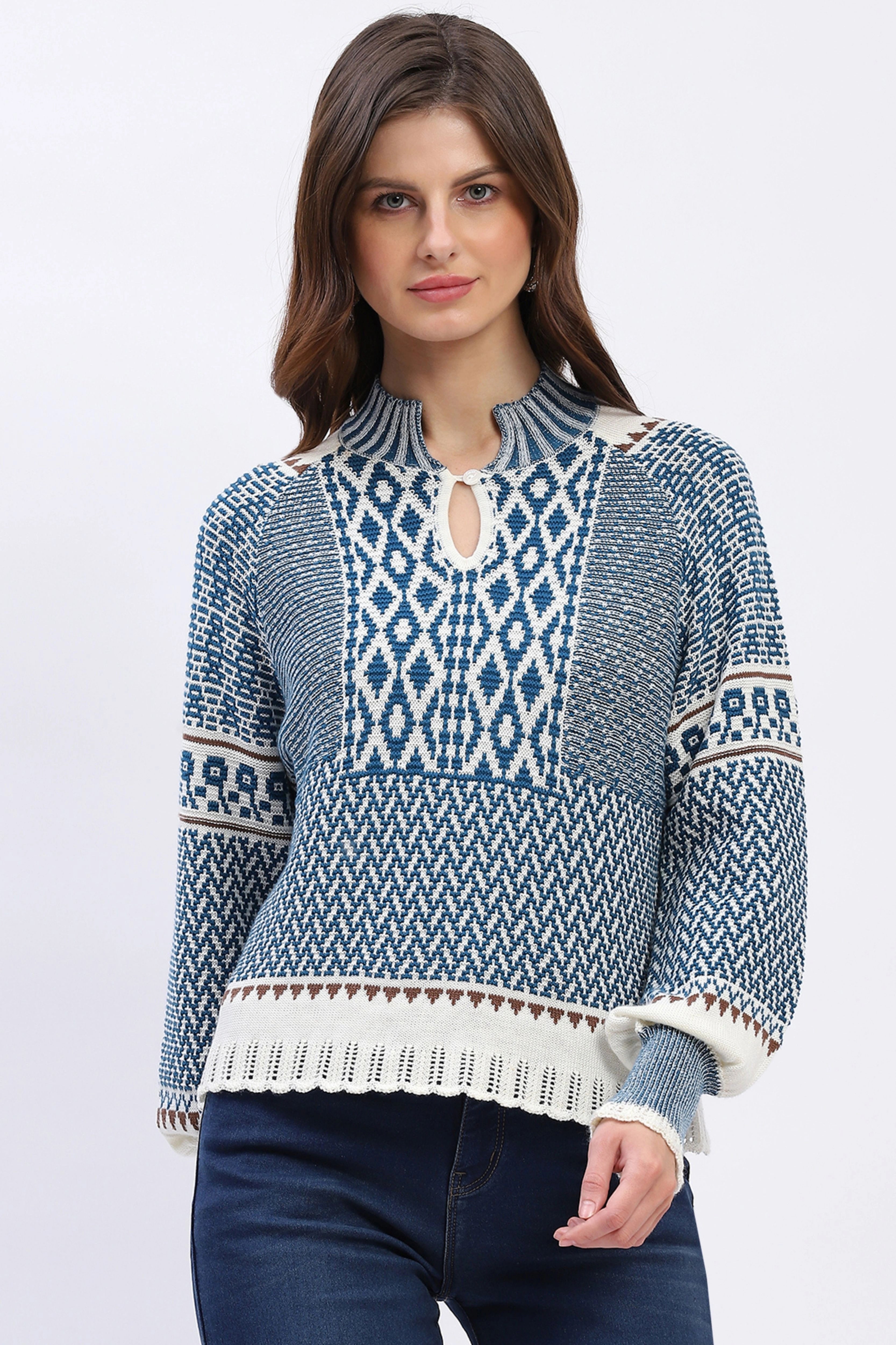 Woven Blue Wool Blend Pullover