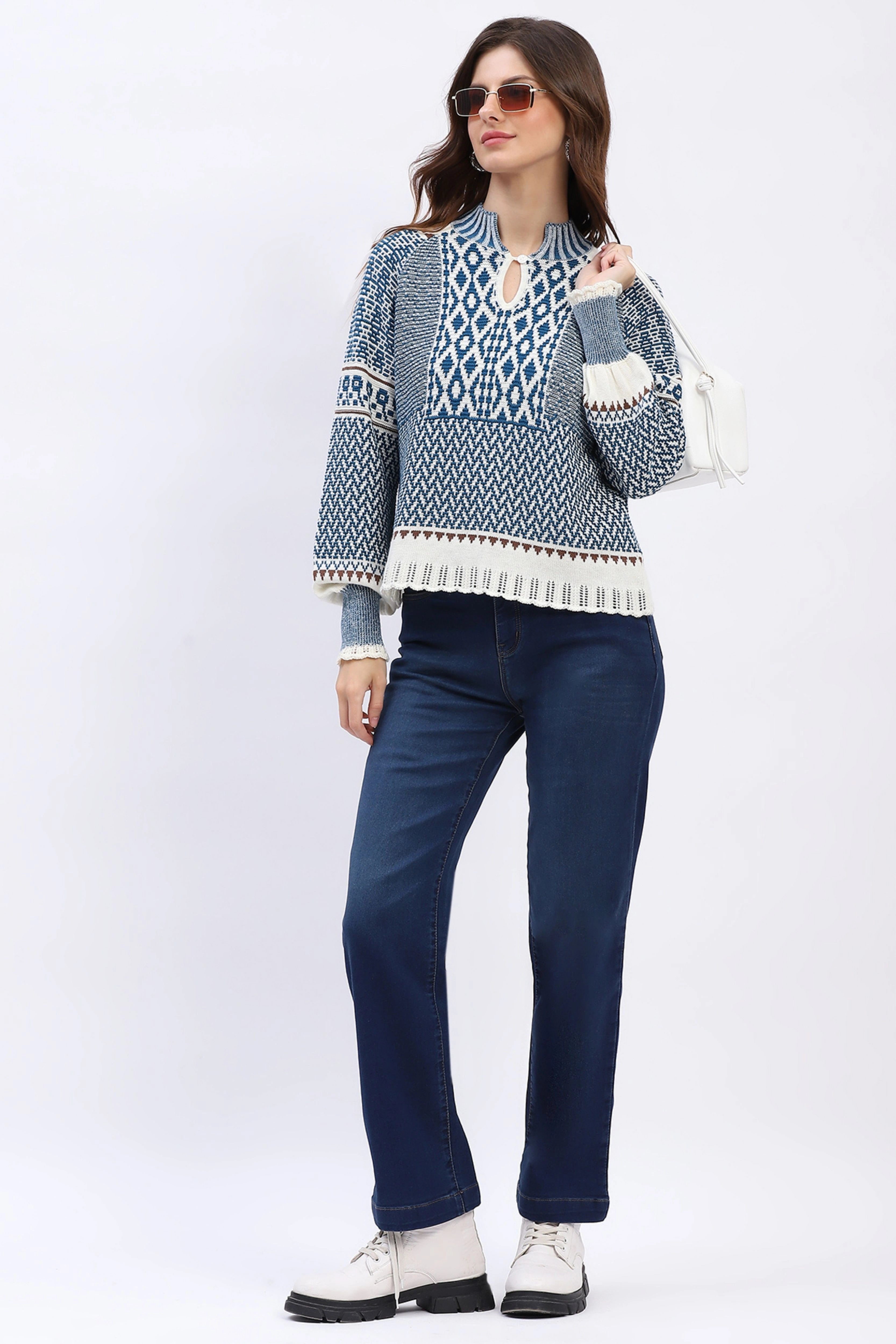 Woven Blue Wool Blend Pullover