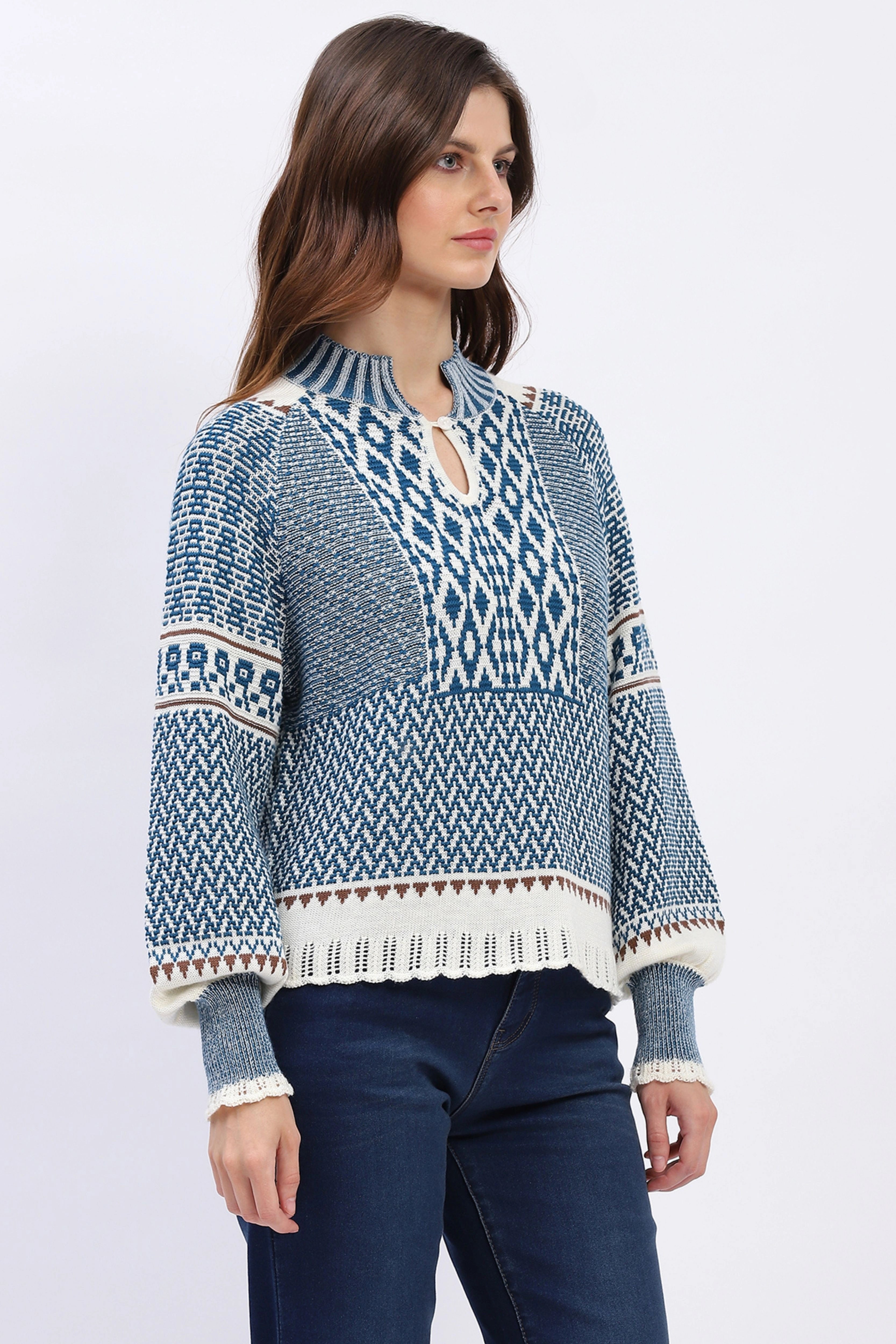 Woven Blue Wool Blend Pullover