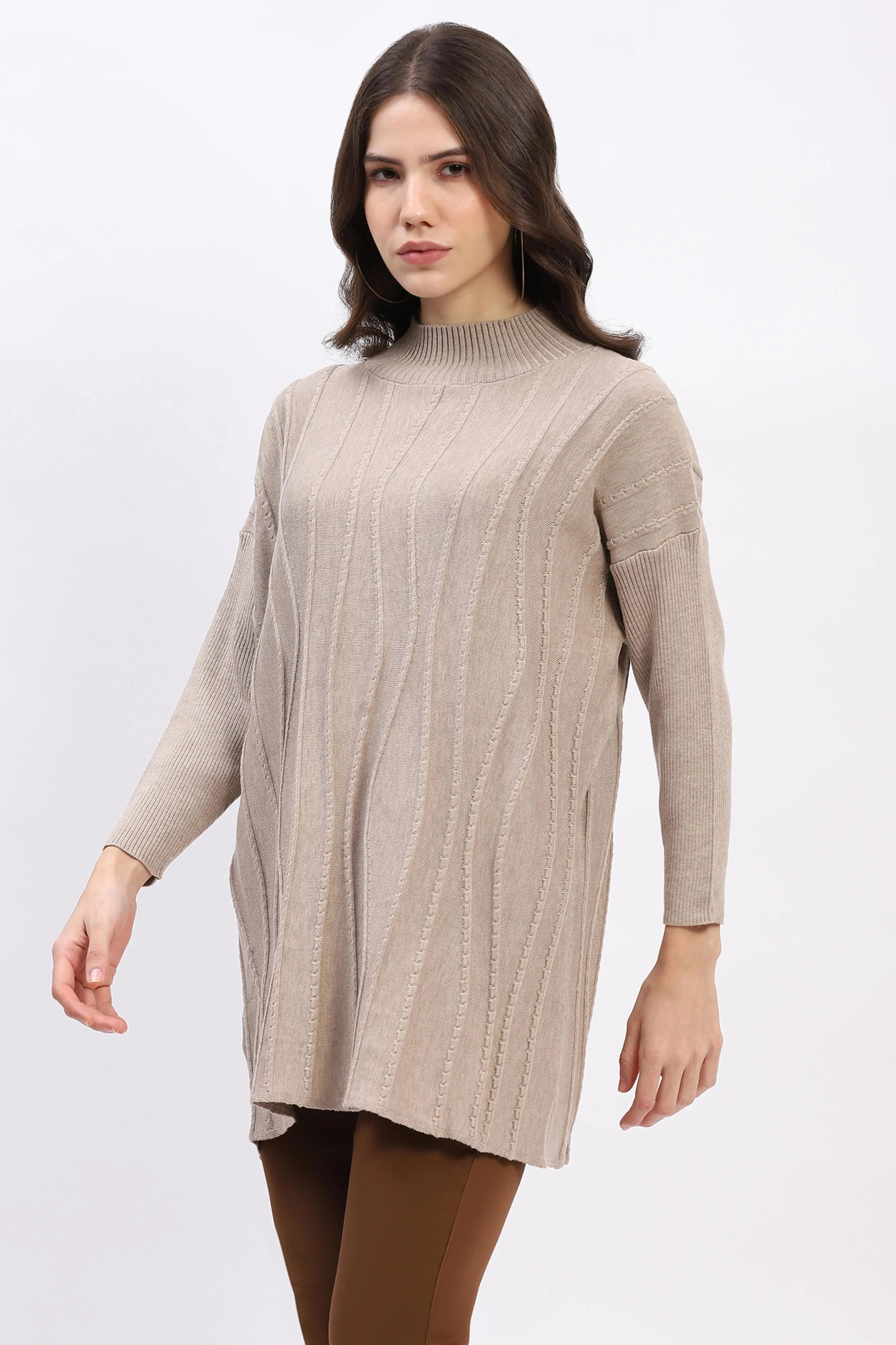 Textured High Neck Tunic Pullover - Global Republic