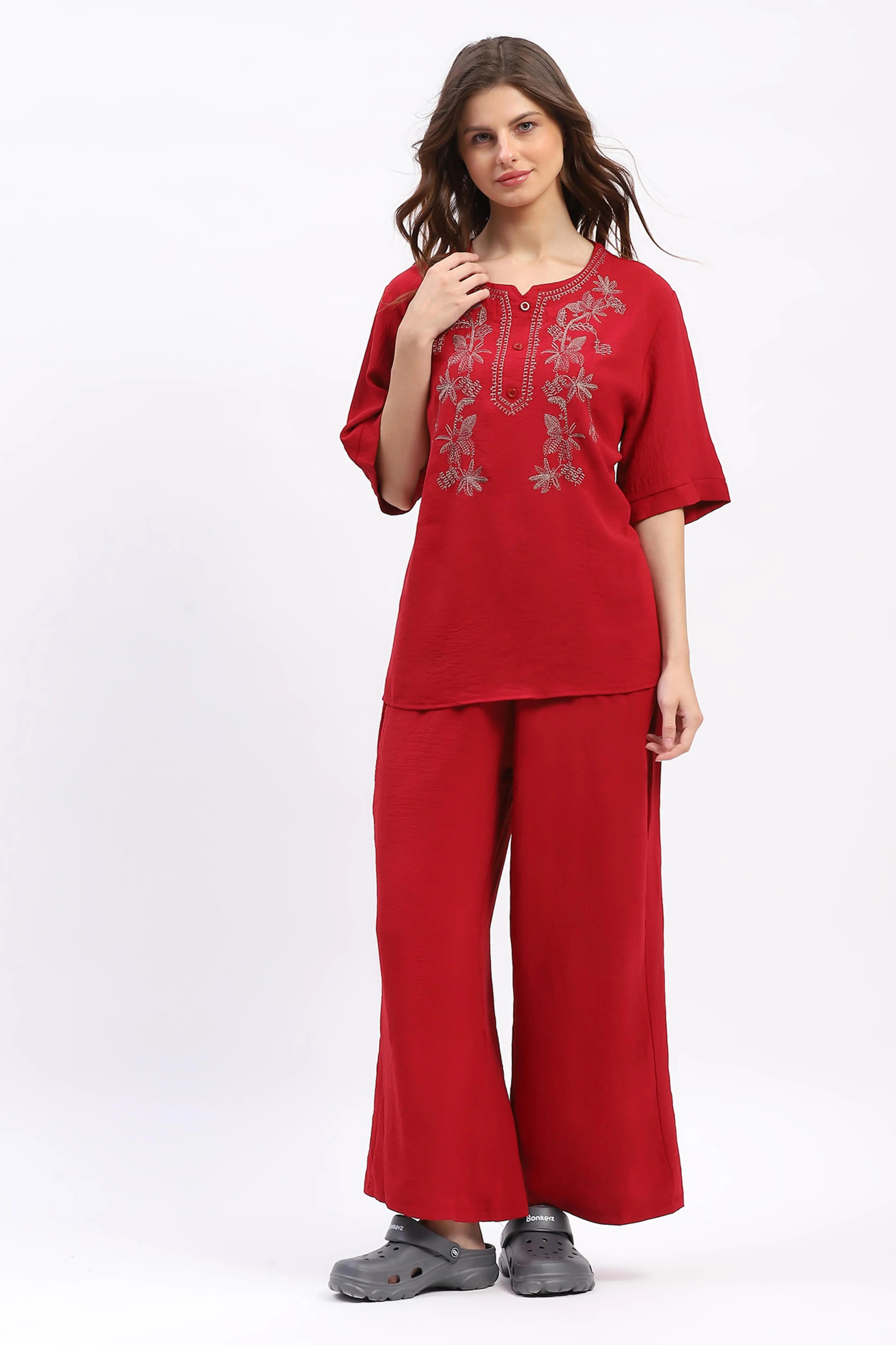 Embroidered Yoke Rayon Co-ord Set - Global Republic