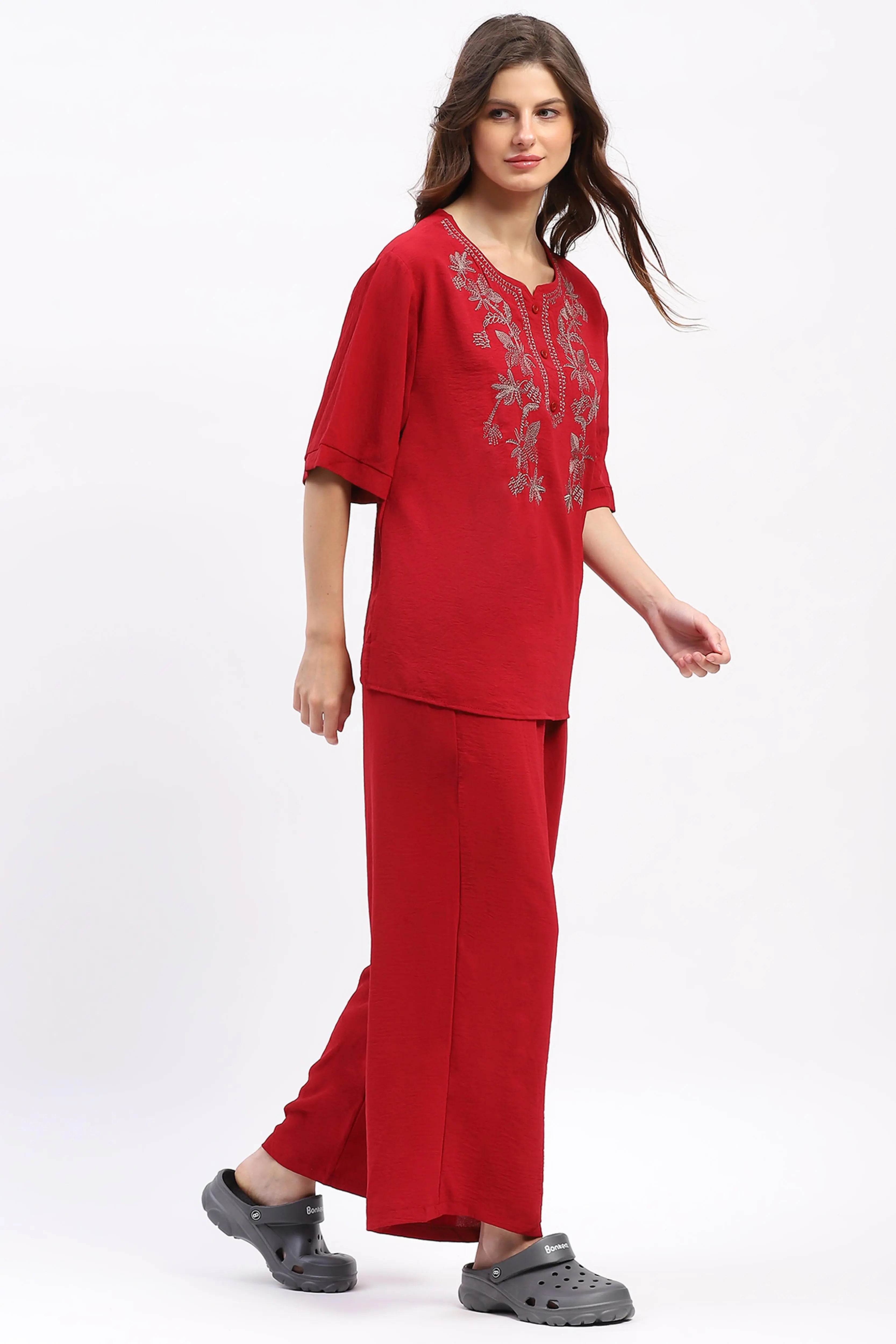Embroidered Yoke Rayon Co-ord Set - Global Republic