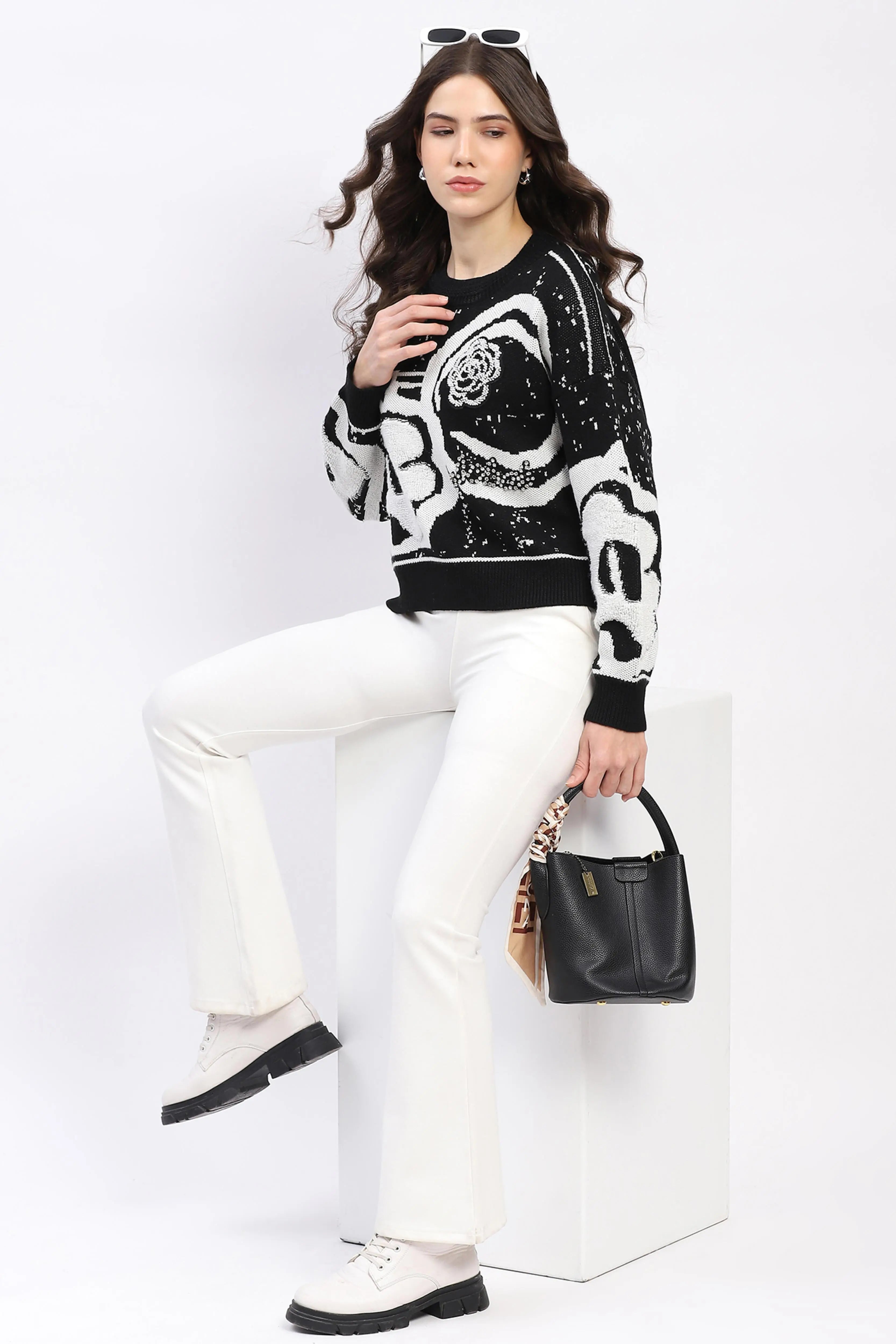 Monochrome Embellished Wool-Blend Pullover - Global Republic