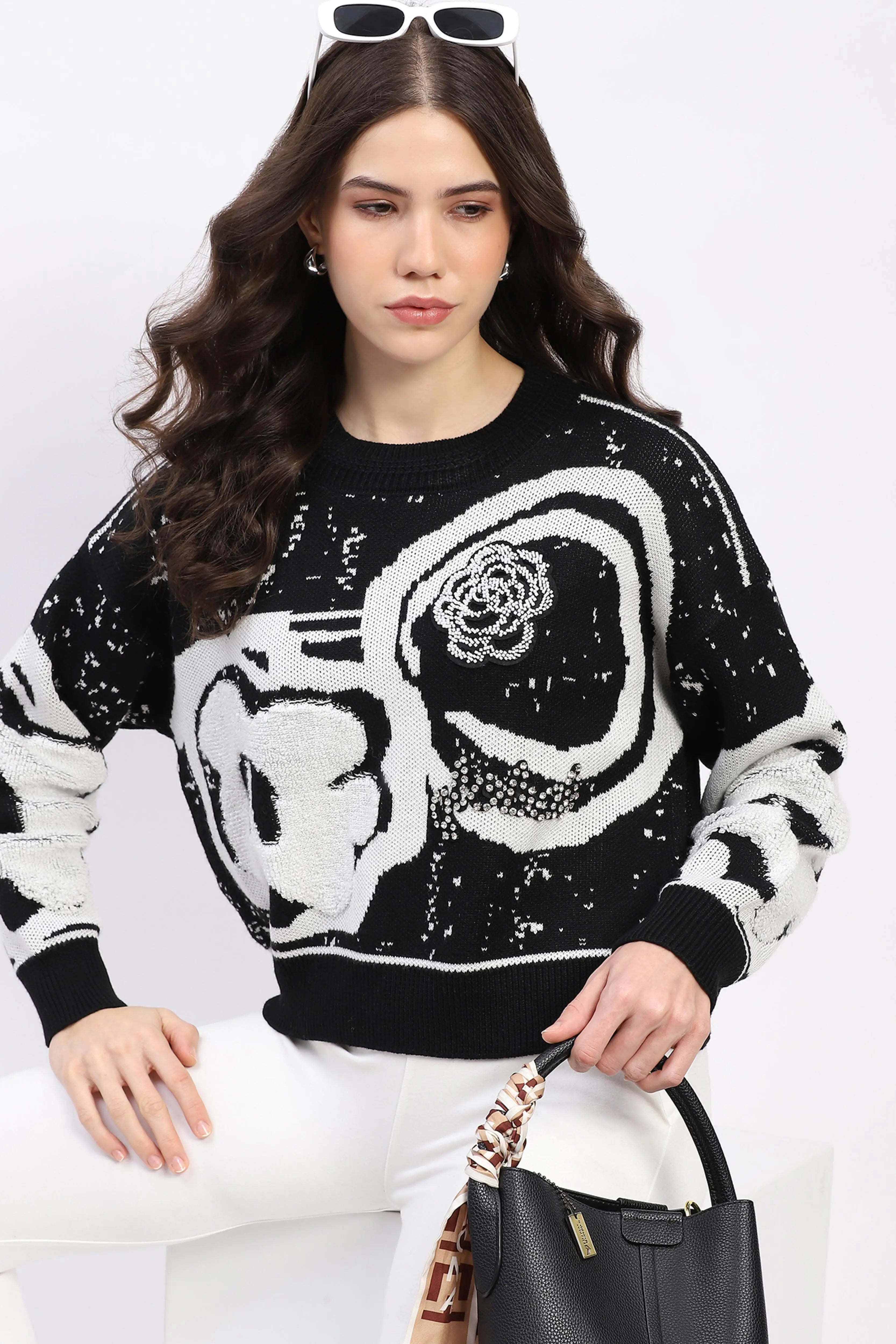 Monochrome Embellished Wool-Blend Pullover - Global Republic
