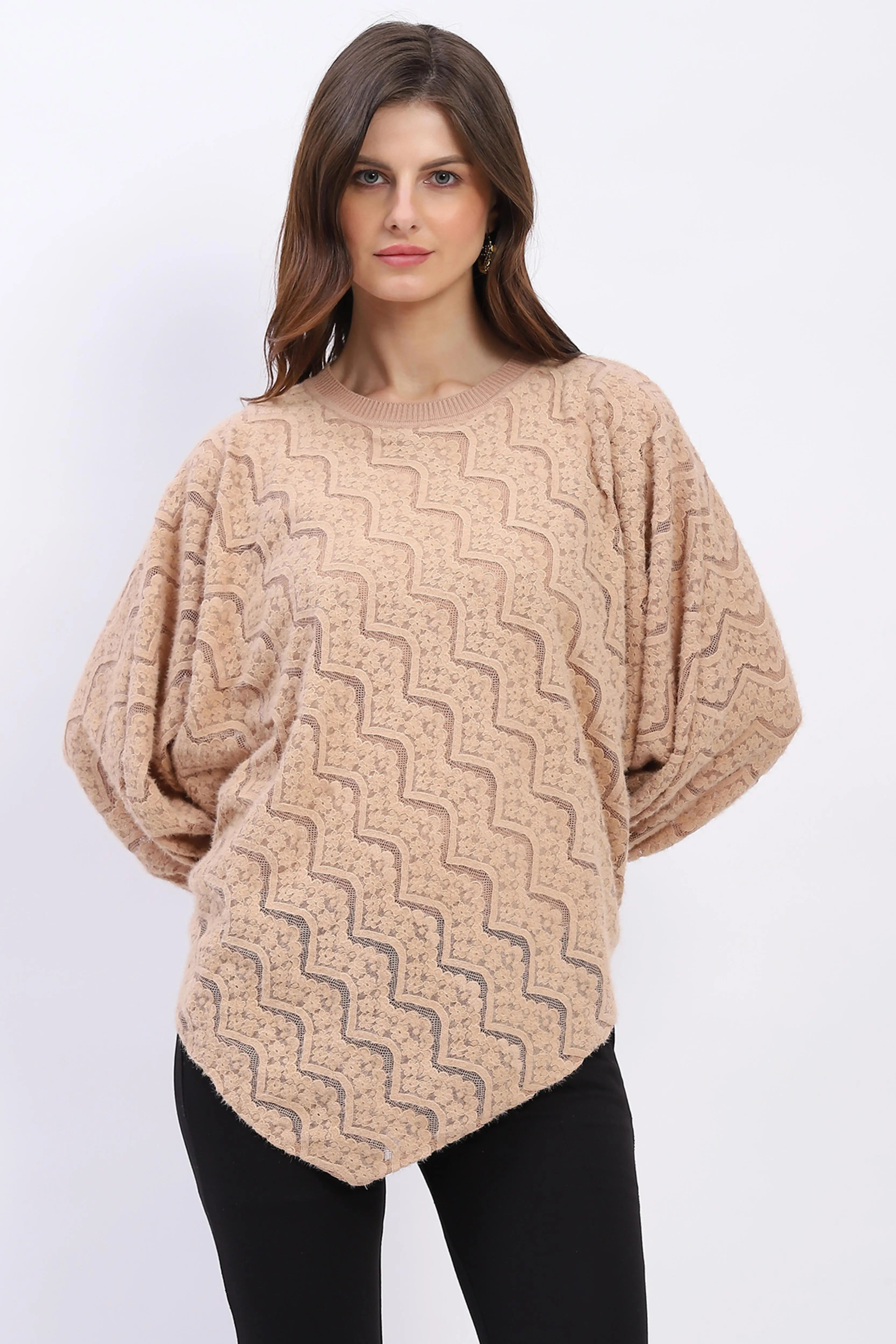Elegant Lace-Textured Knit Poncho - Global Republic