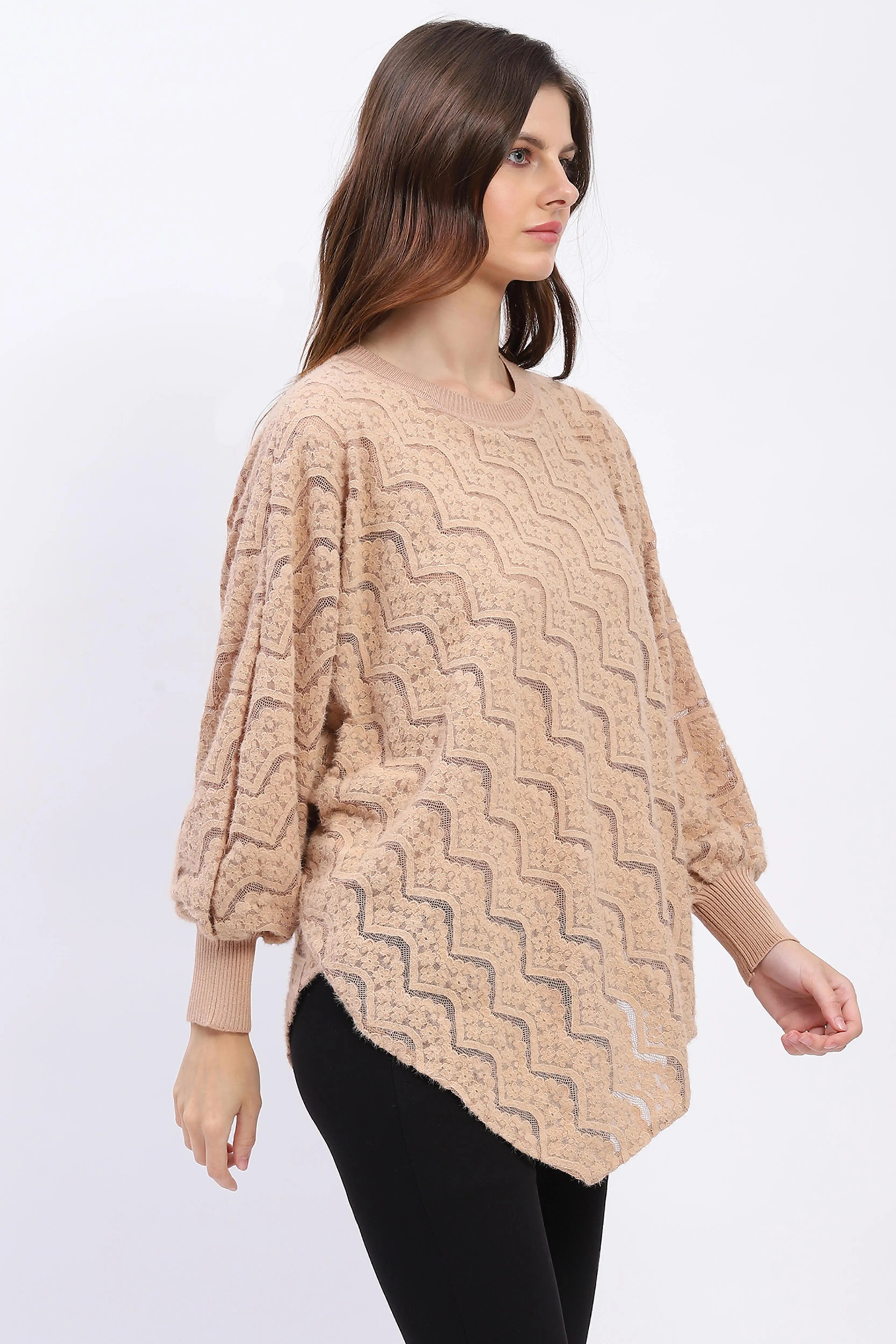 Elegant Lace-Textured Knit Poncho - Global Republic