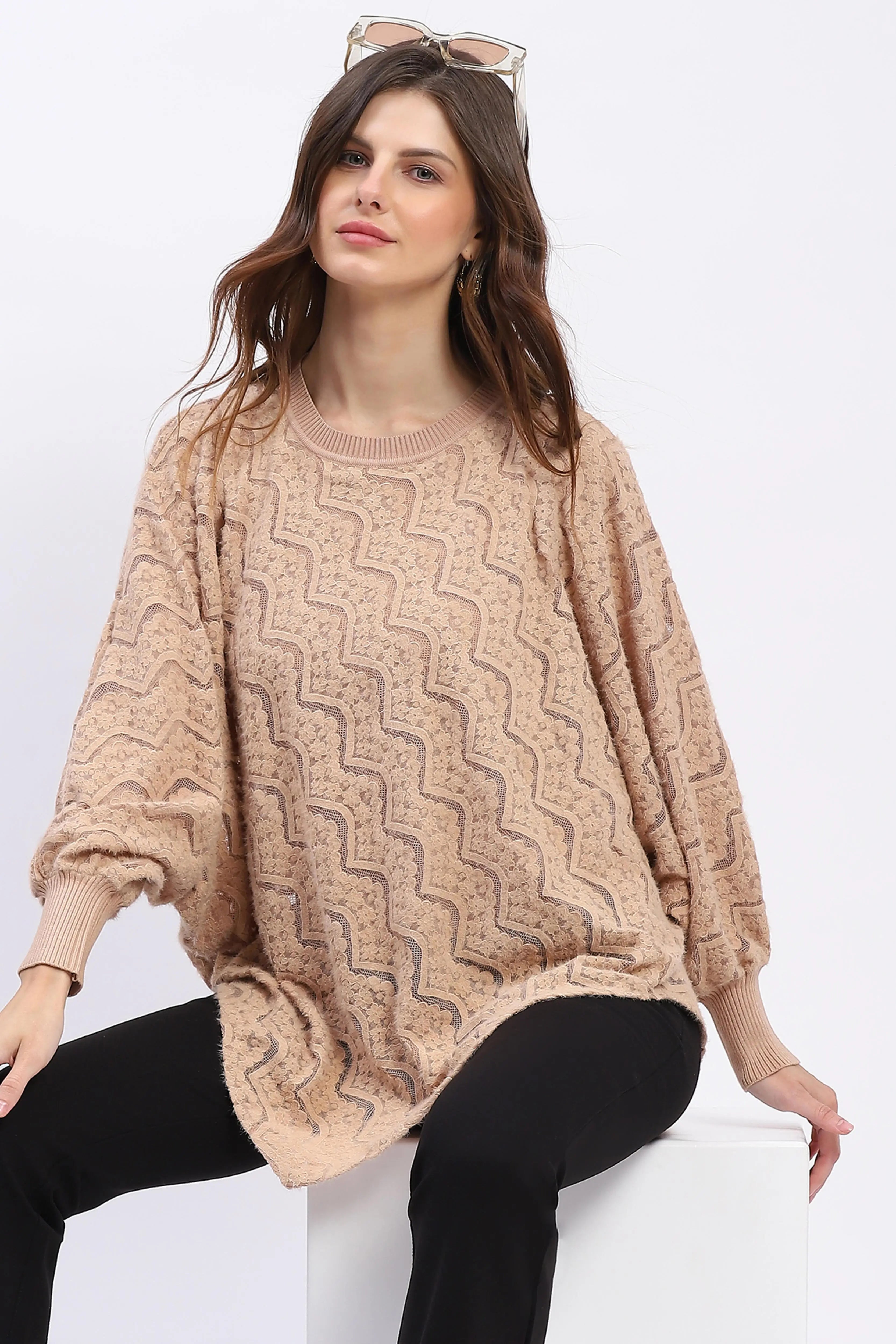 Elegant Lace-Textured Knit Poncho - Global Republic