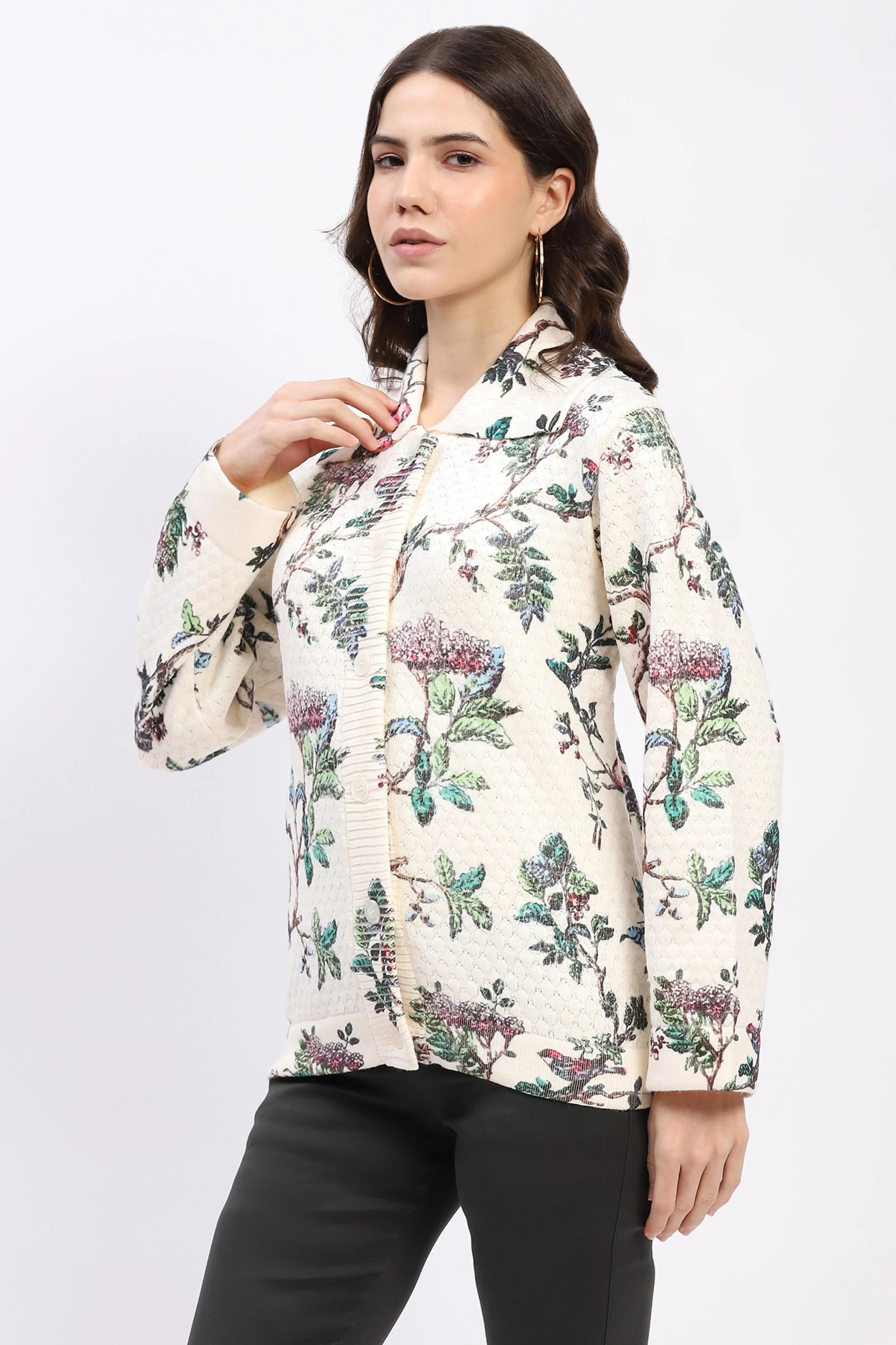 Botanical Print Loose-Fit Cardigan - Global Republic