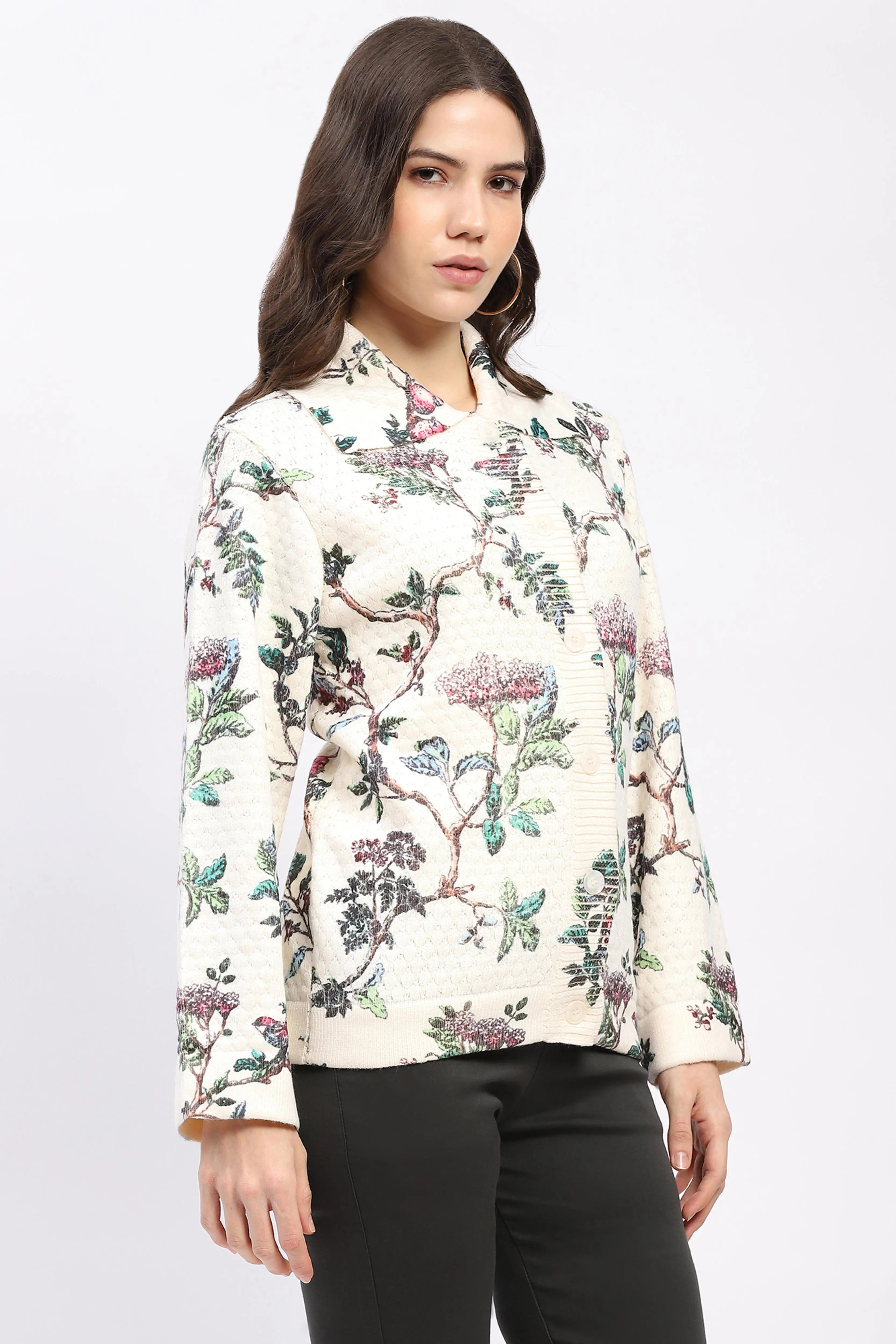 Botanical Print Loose-Fit Cardigan - Global Republic