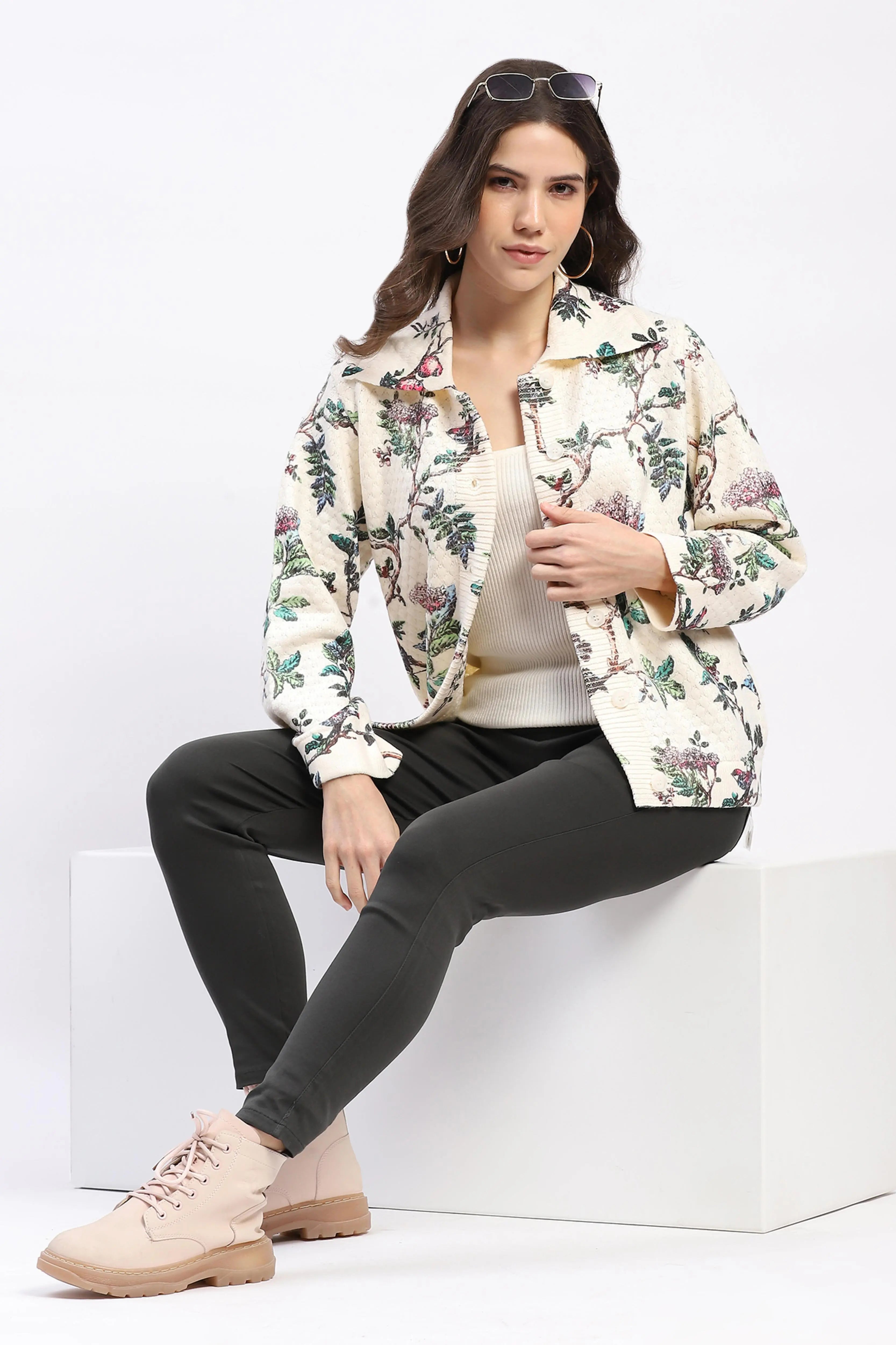 Botanical Print Loose-Fit Cardigan - Global Republic