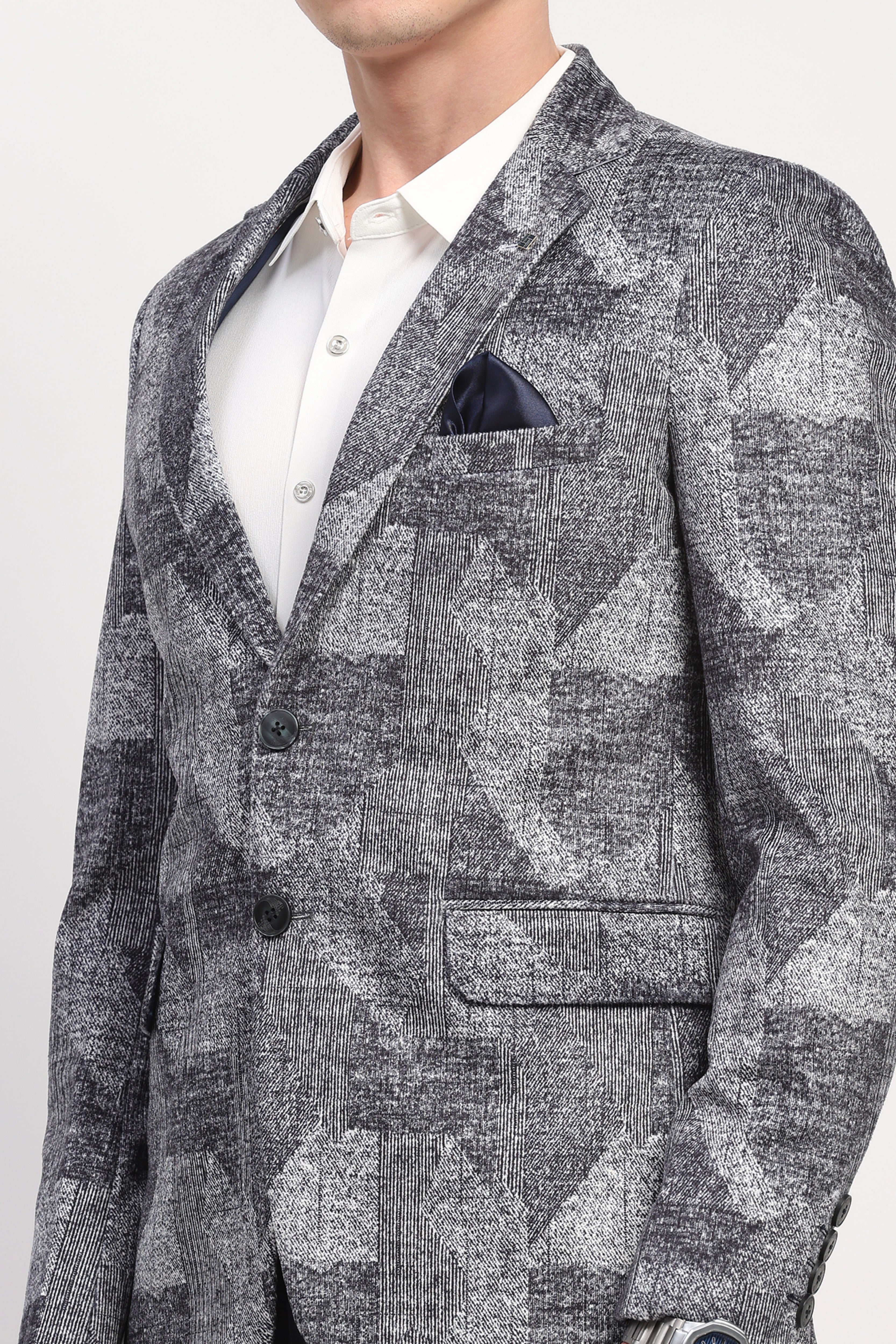 Navy Blue Poly Velvet Abstract Print Coat