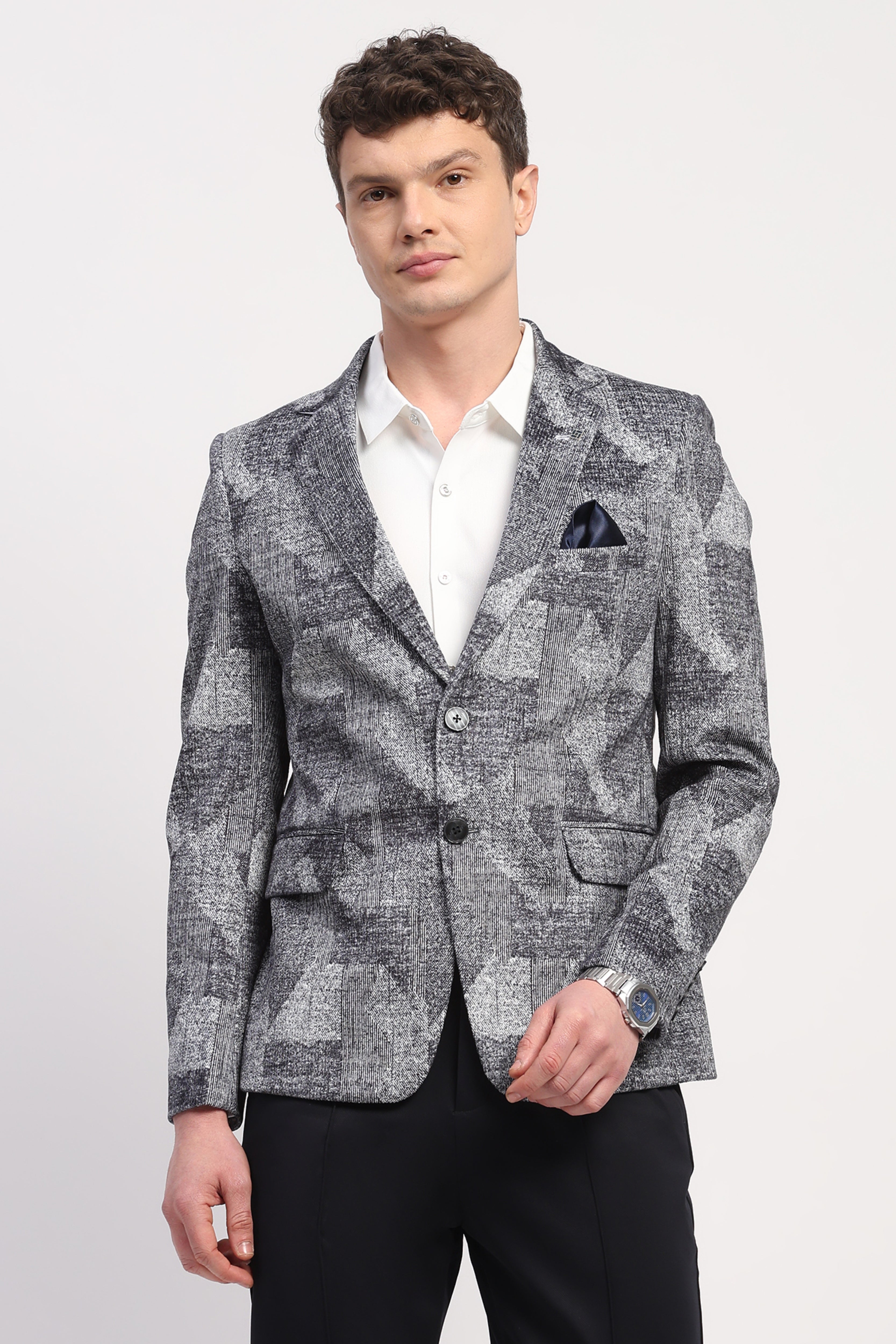 Navy Blue Poly Velvet Abstract Print Coat