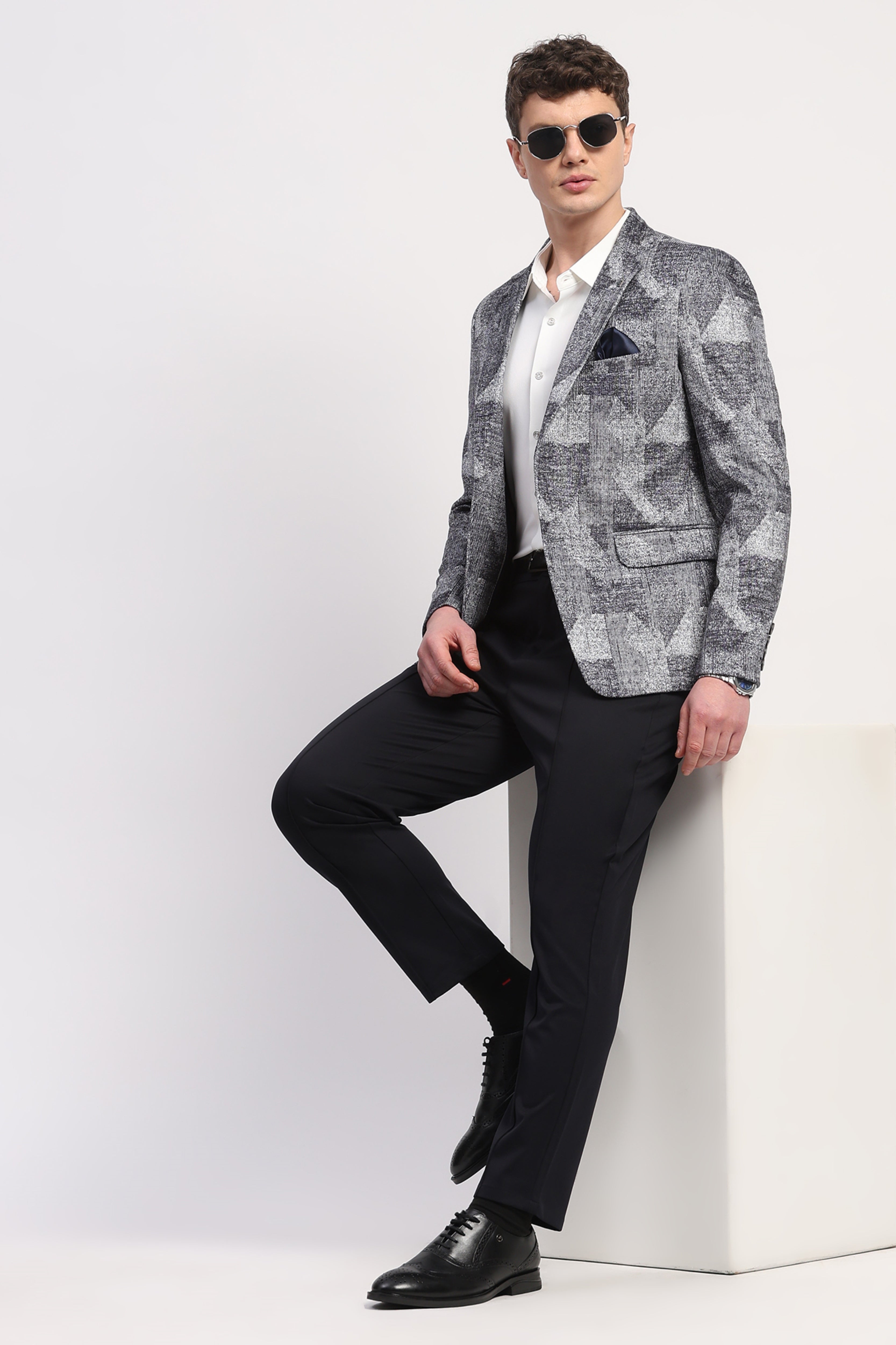 Navy Blue Poly Velvet Abstract Print Coat