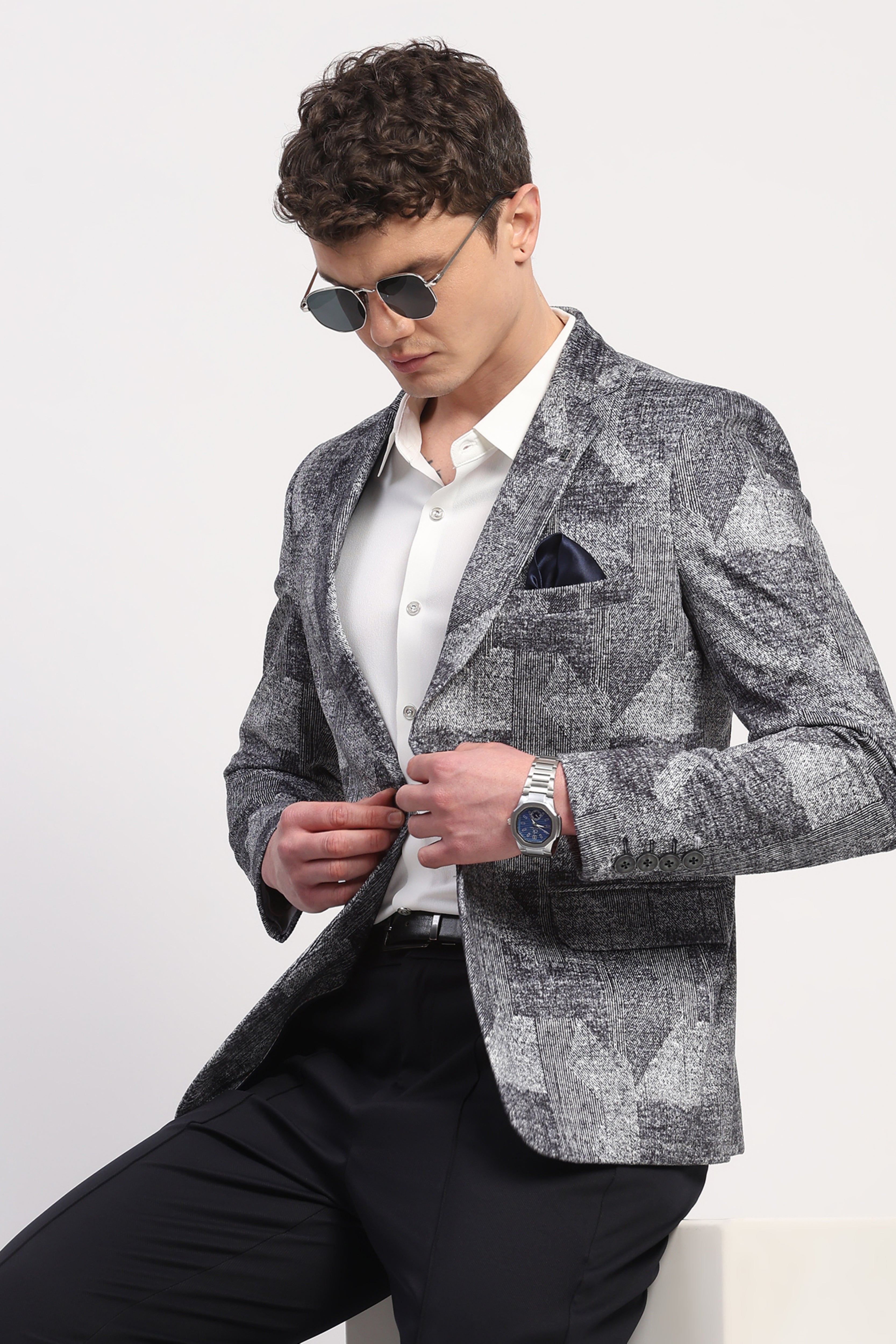 Navy Blue Poly Velvet Abstract Print Coat