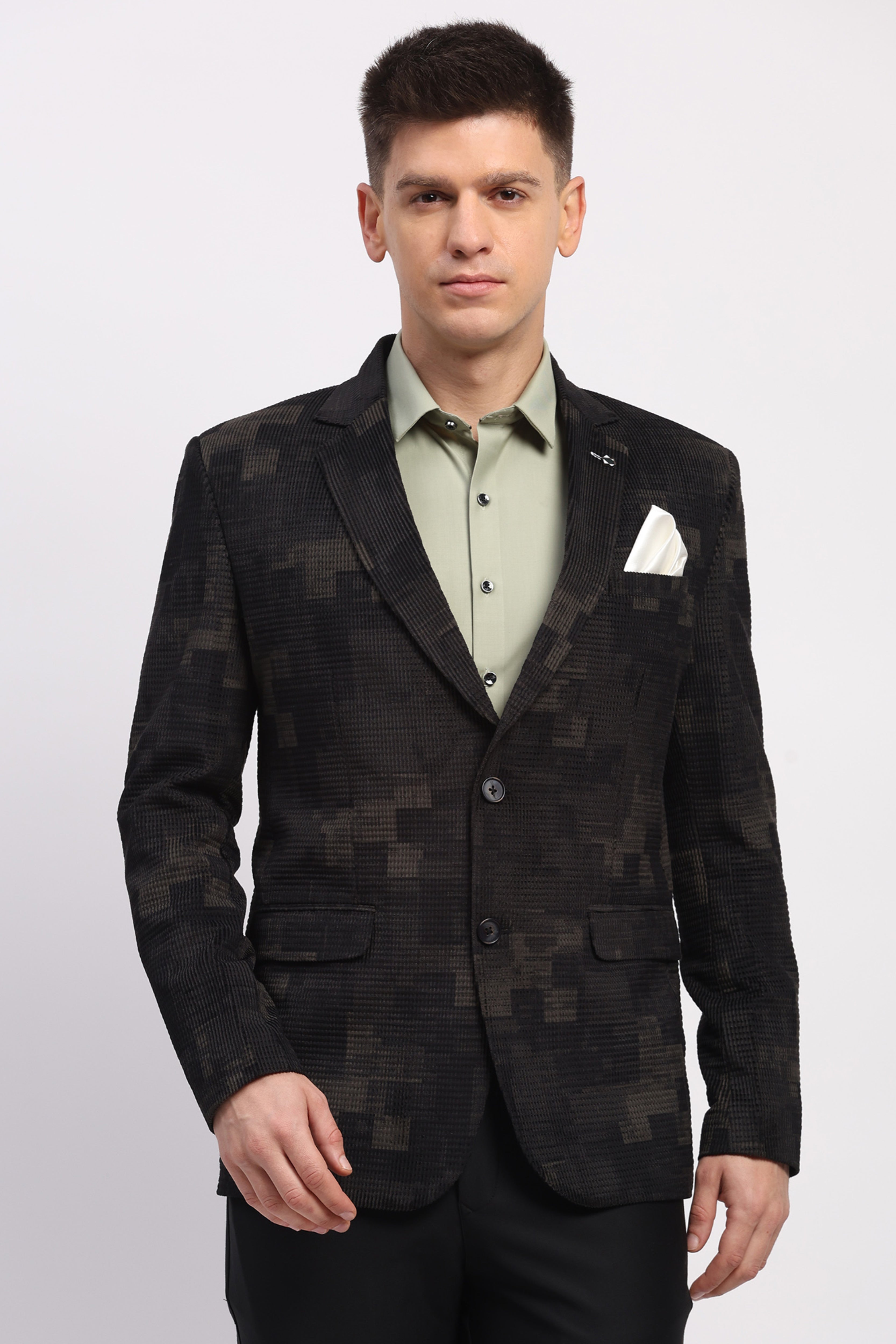 Olive Self-Design Velvet-Blend Coat