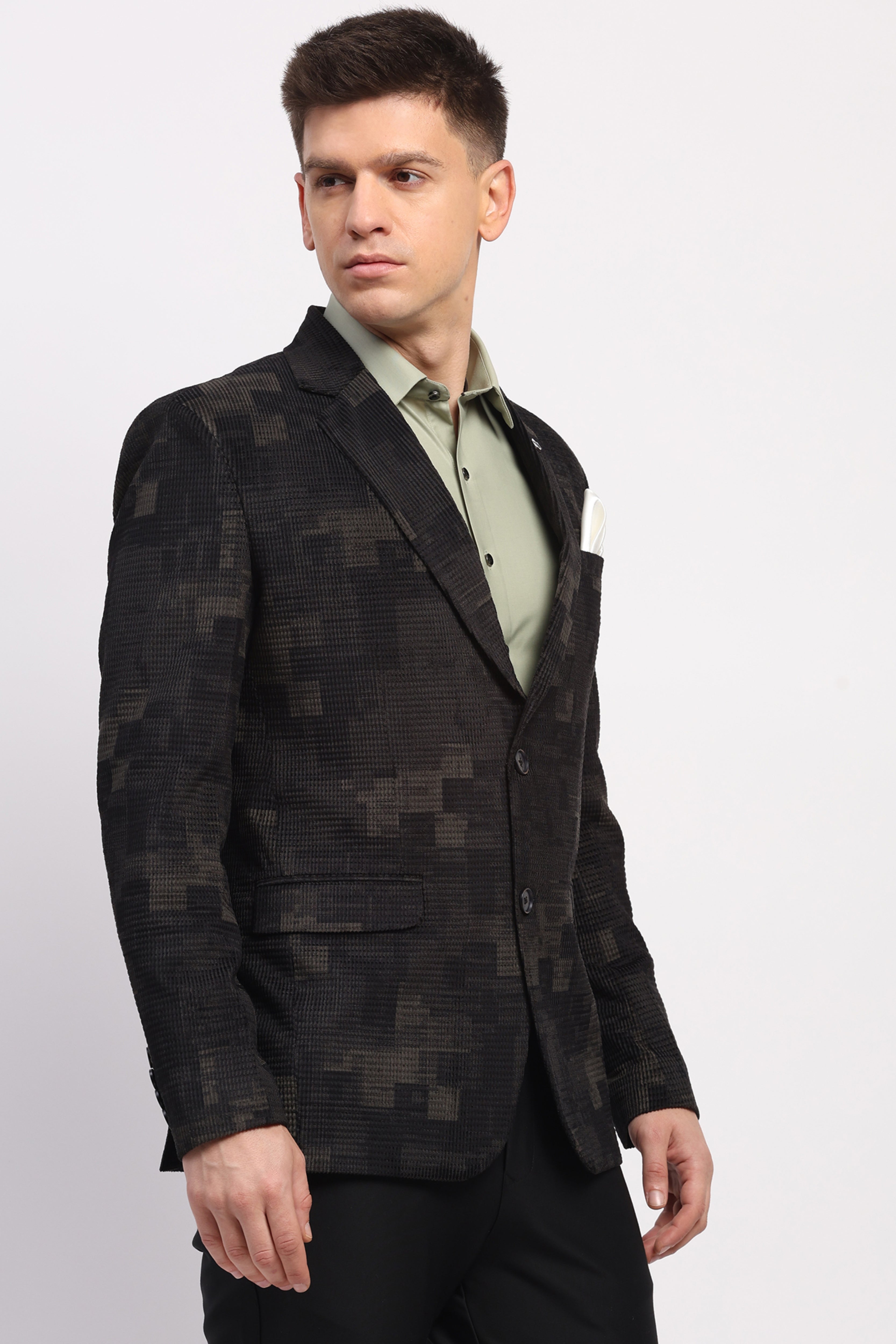 Olive Self-Design Velvet-Blend Coat