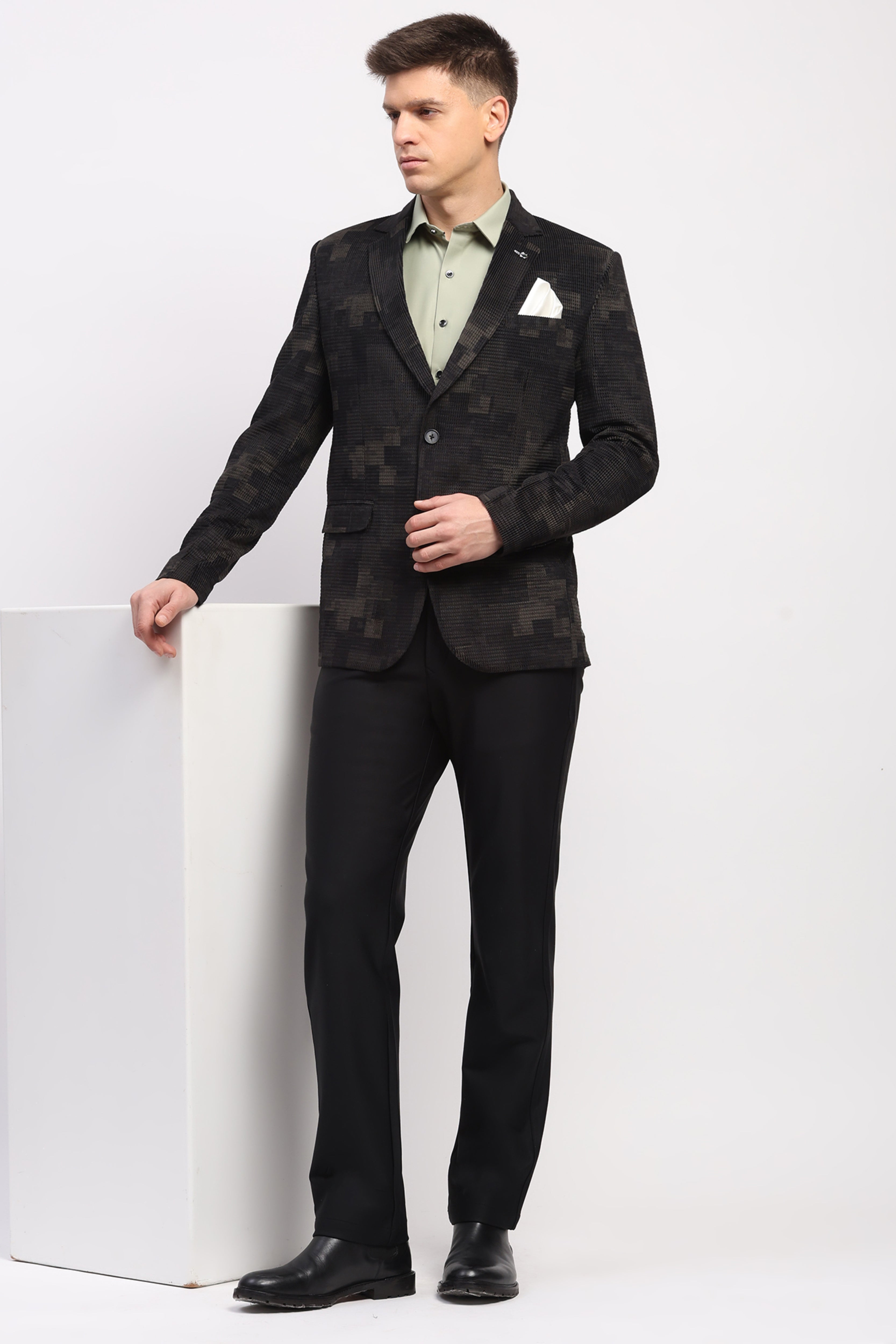 Olive Self-Design Velvet-Blend Coat