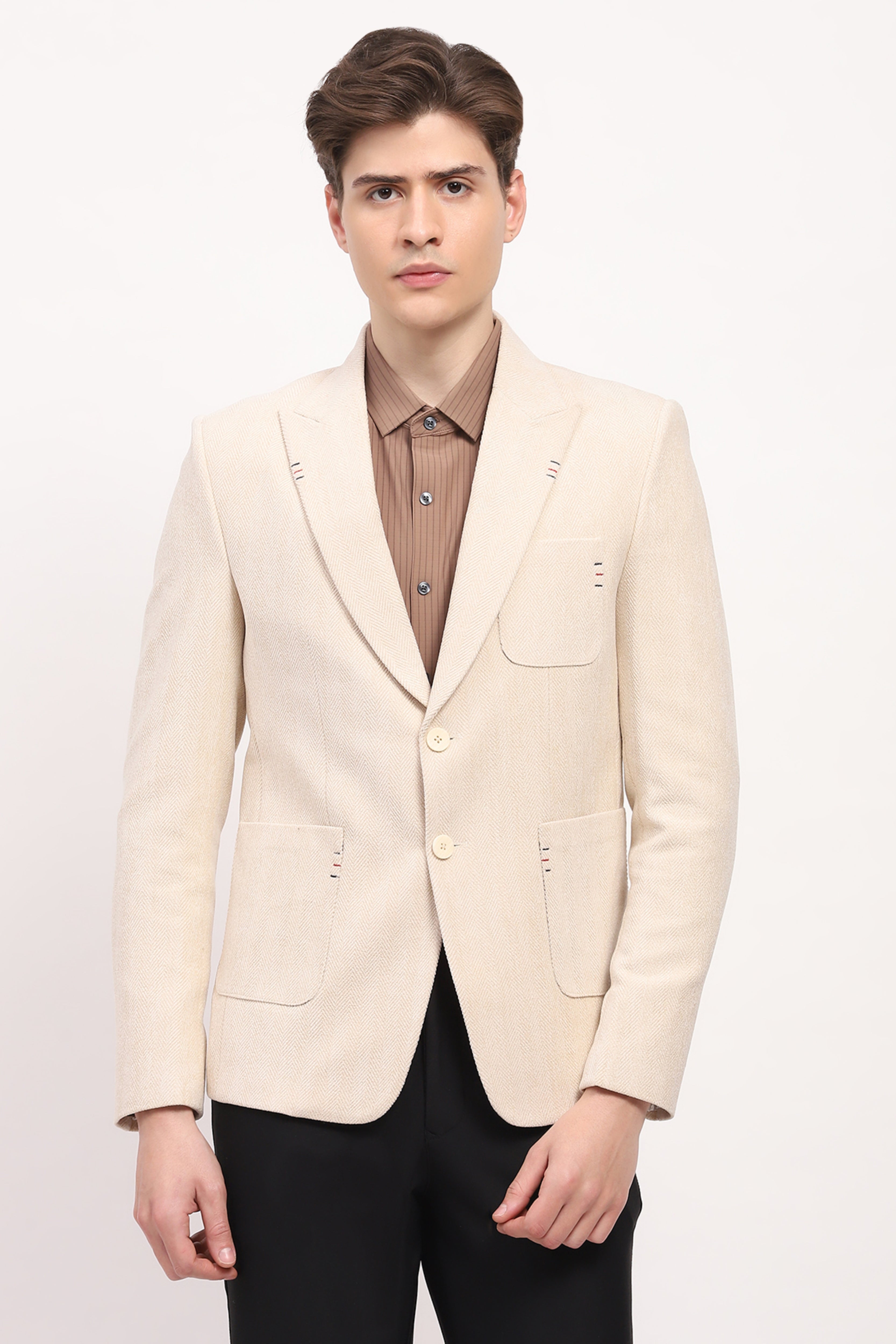 Cream Self Design Chevron Coat