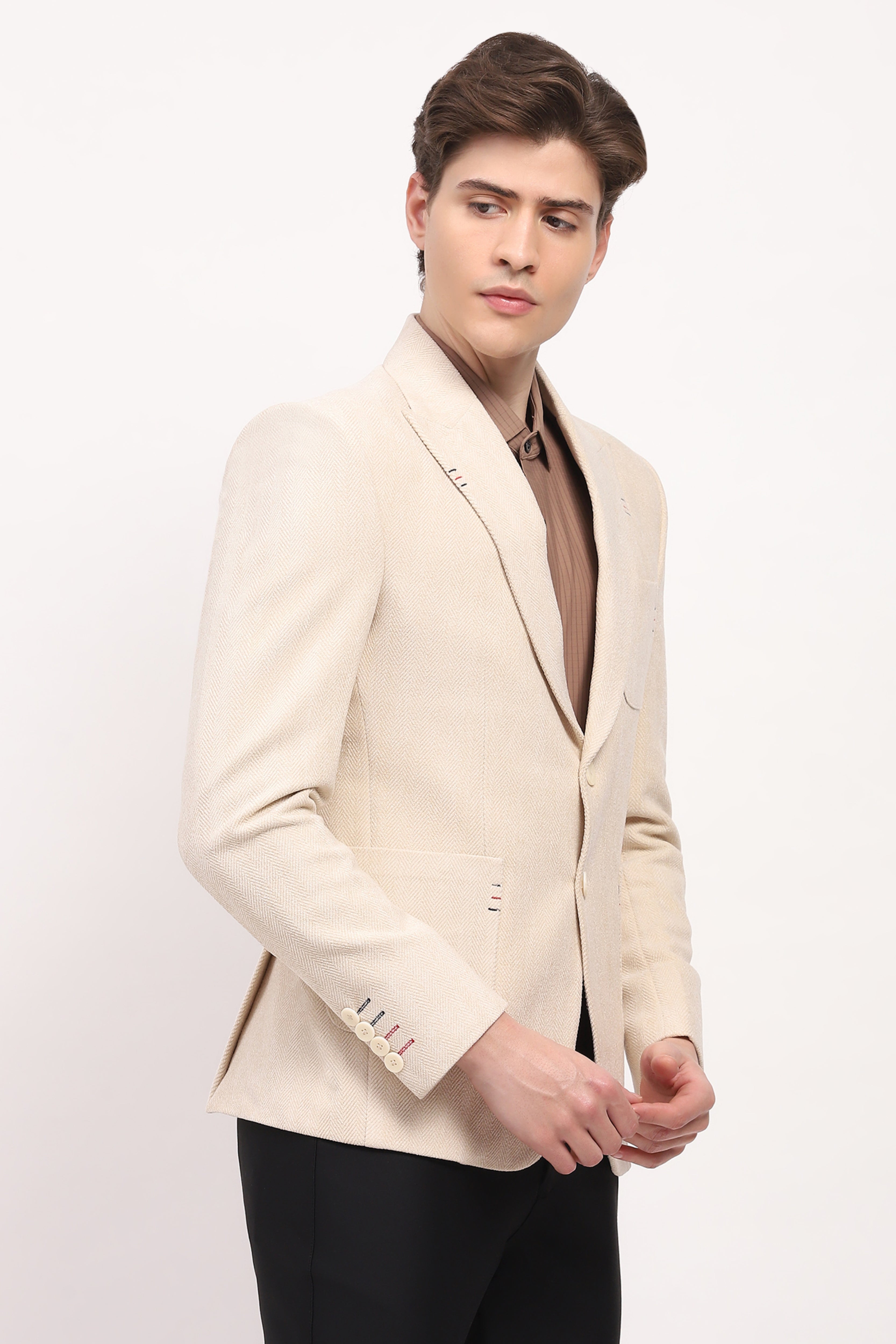 Cream Self Design Chevron Coat