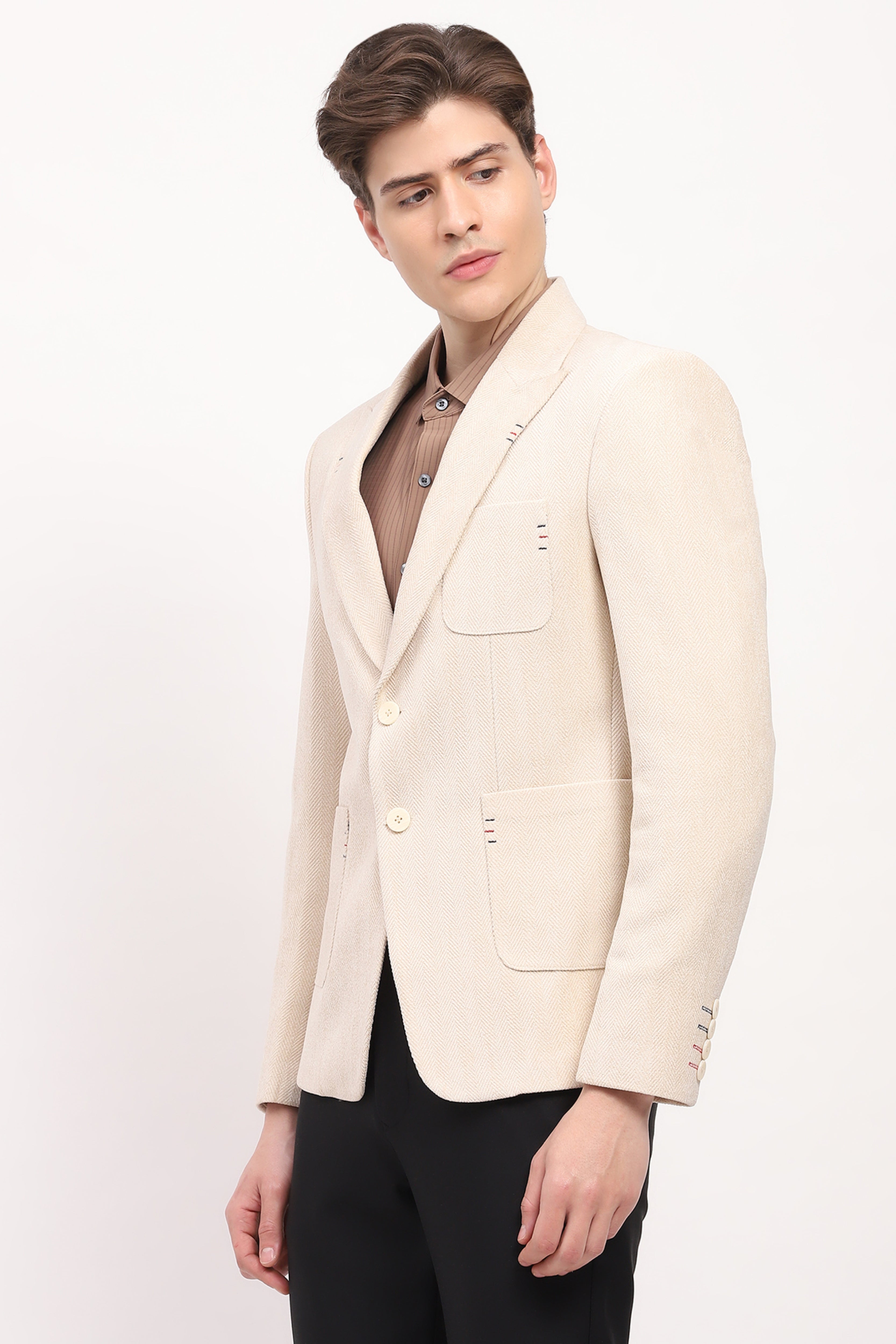 Cream Self Design Chevron Coat