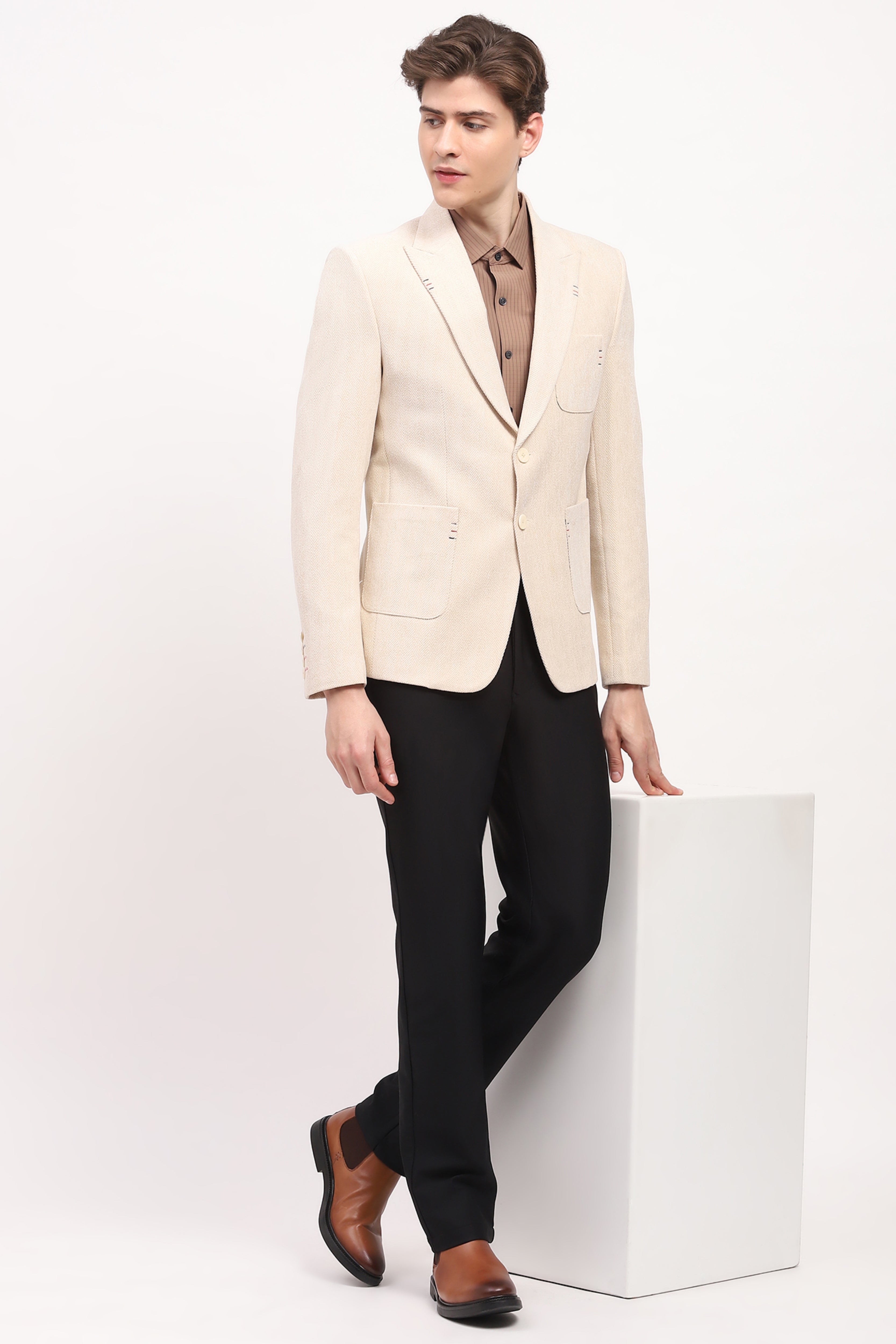 Cream Self Design Chevron Coat