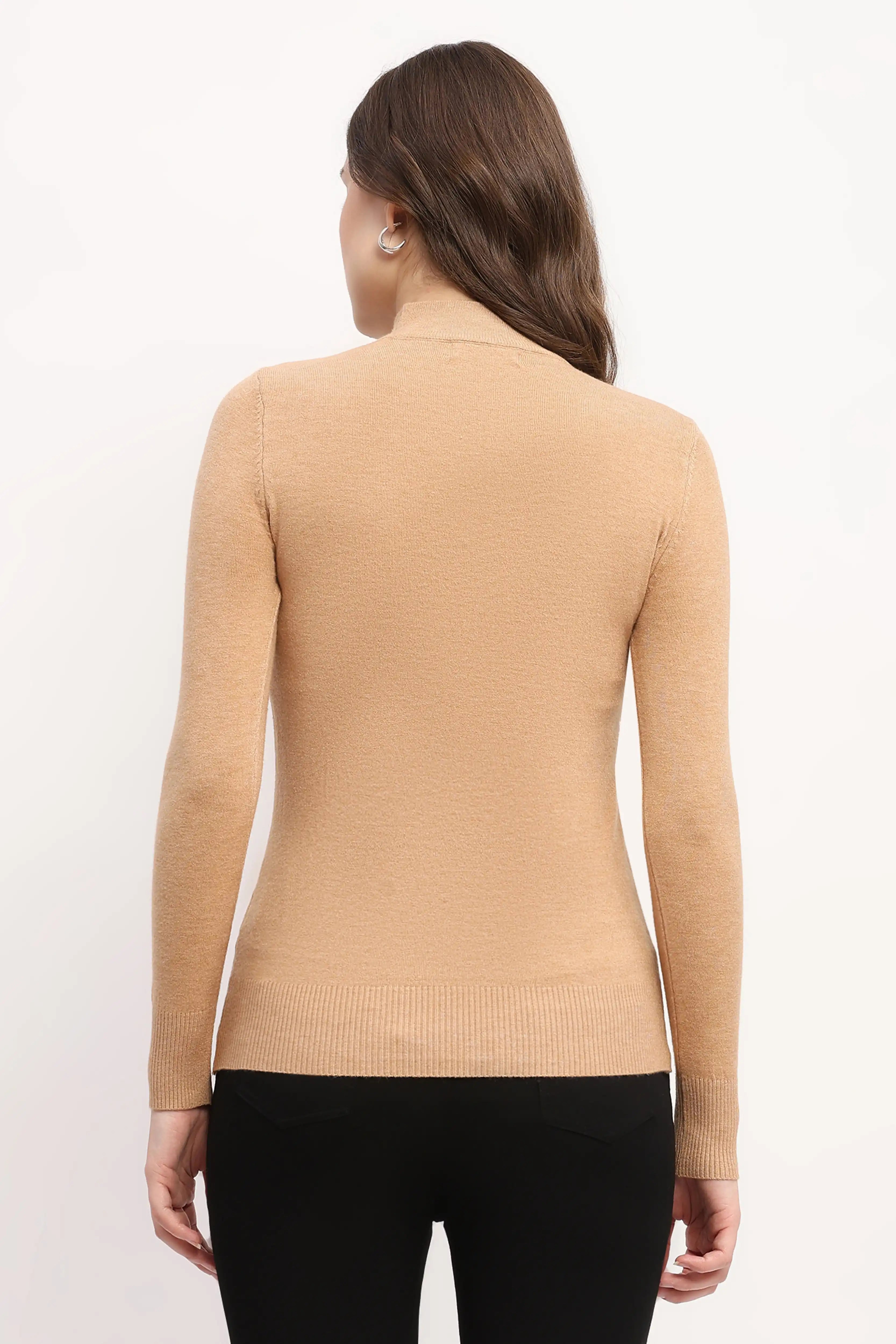 Beige Slim-Fit High-Neck Pullover