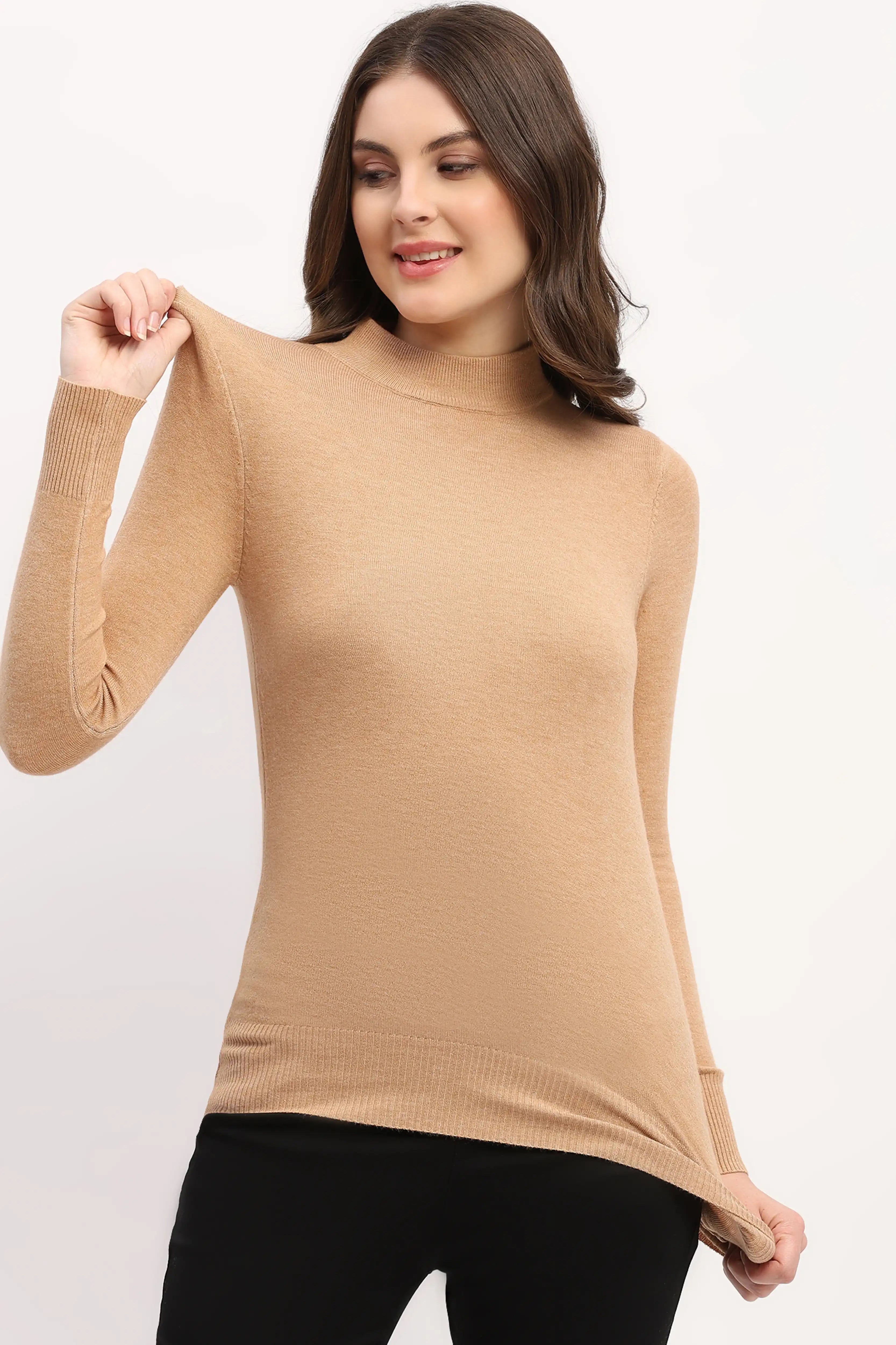 Beige Slim-Fit High-Neck Pullover
