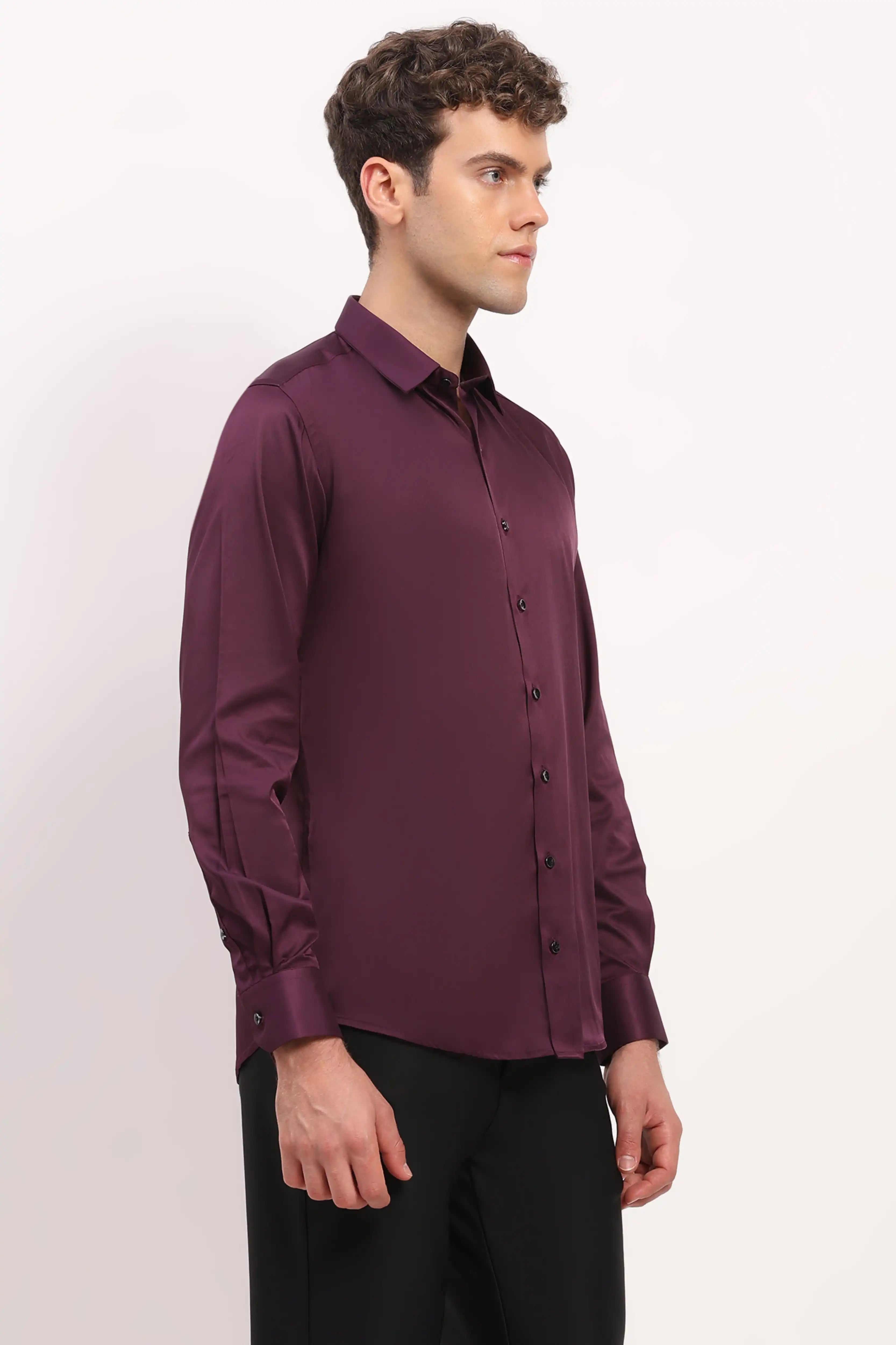 Wine Satin-Blend Party Shirt