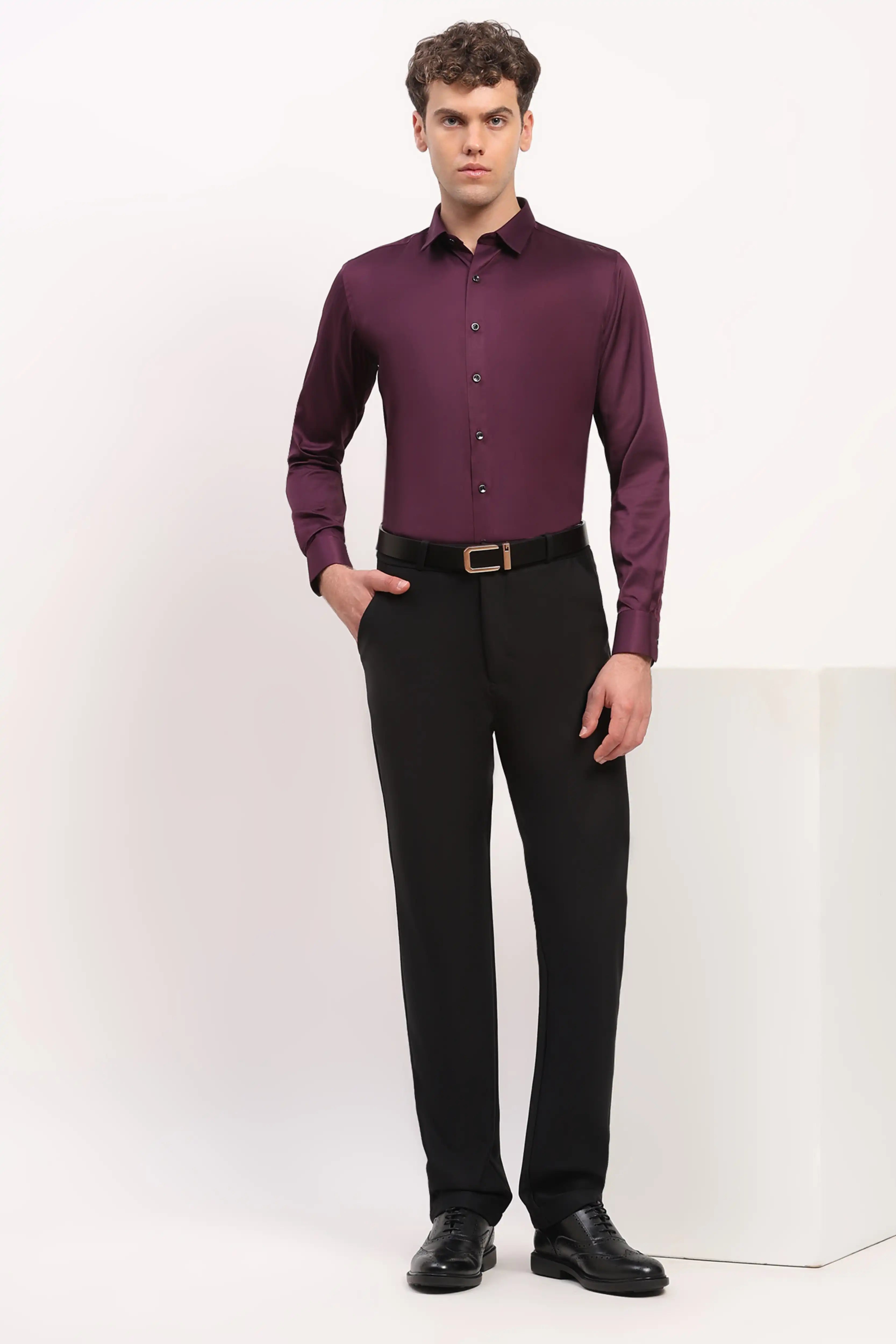 Wine Satin-Blend Party Shirt