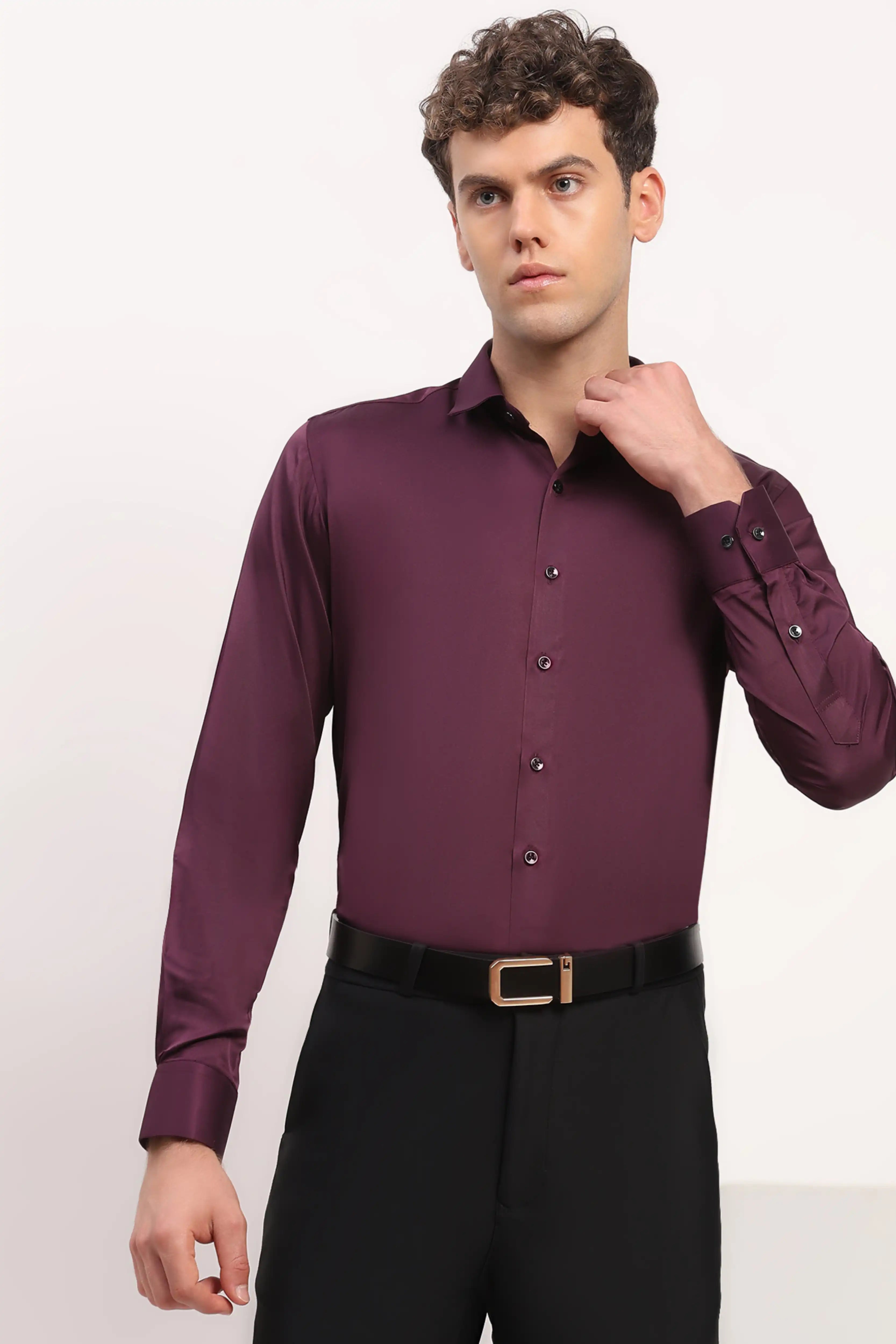 Wine Satin-Blend Party Shirt