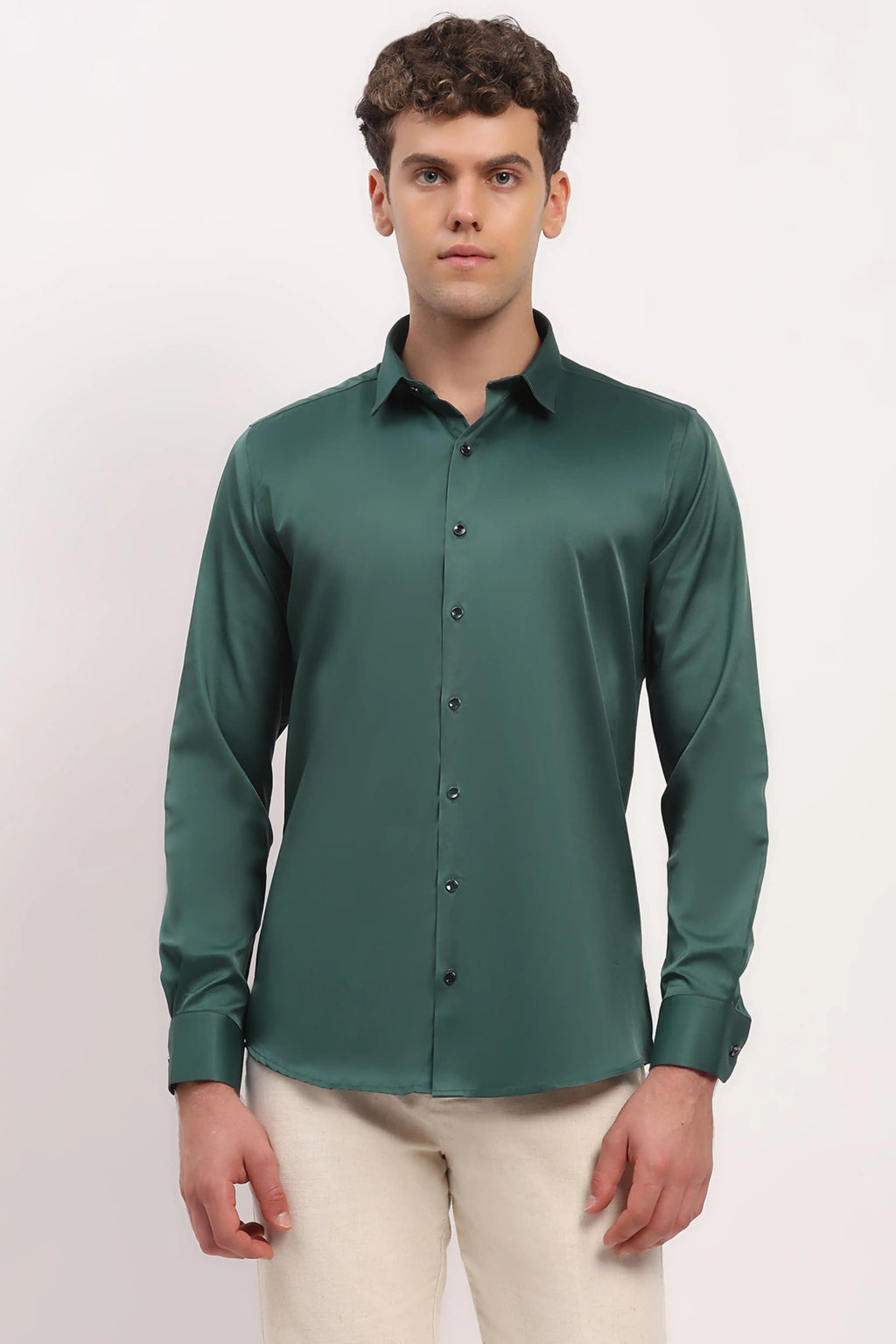 Bottle Green Satin-Blend Shirt - Elegant Style for Every Occasion