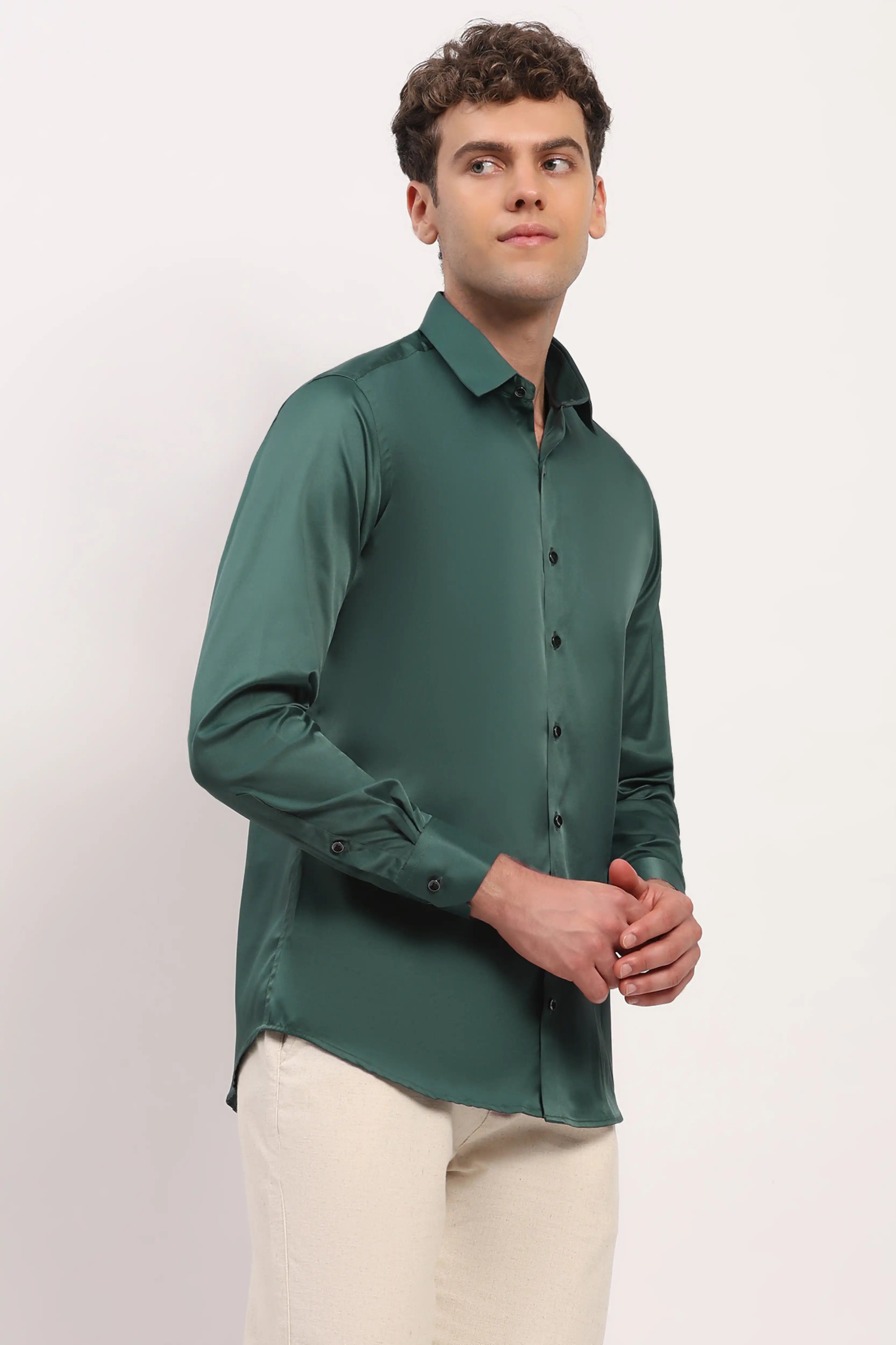 Bottle Green Satin-Blend Shirt