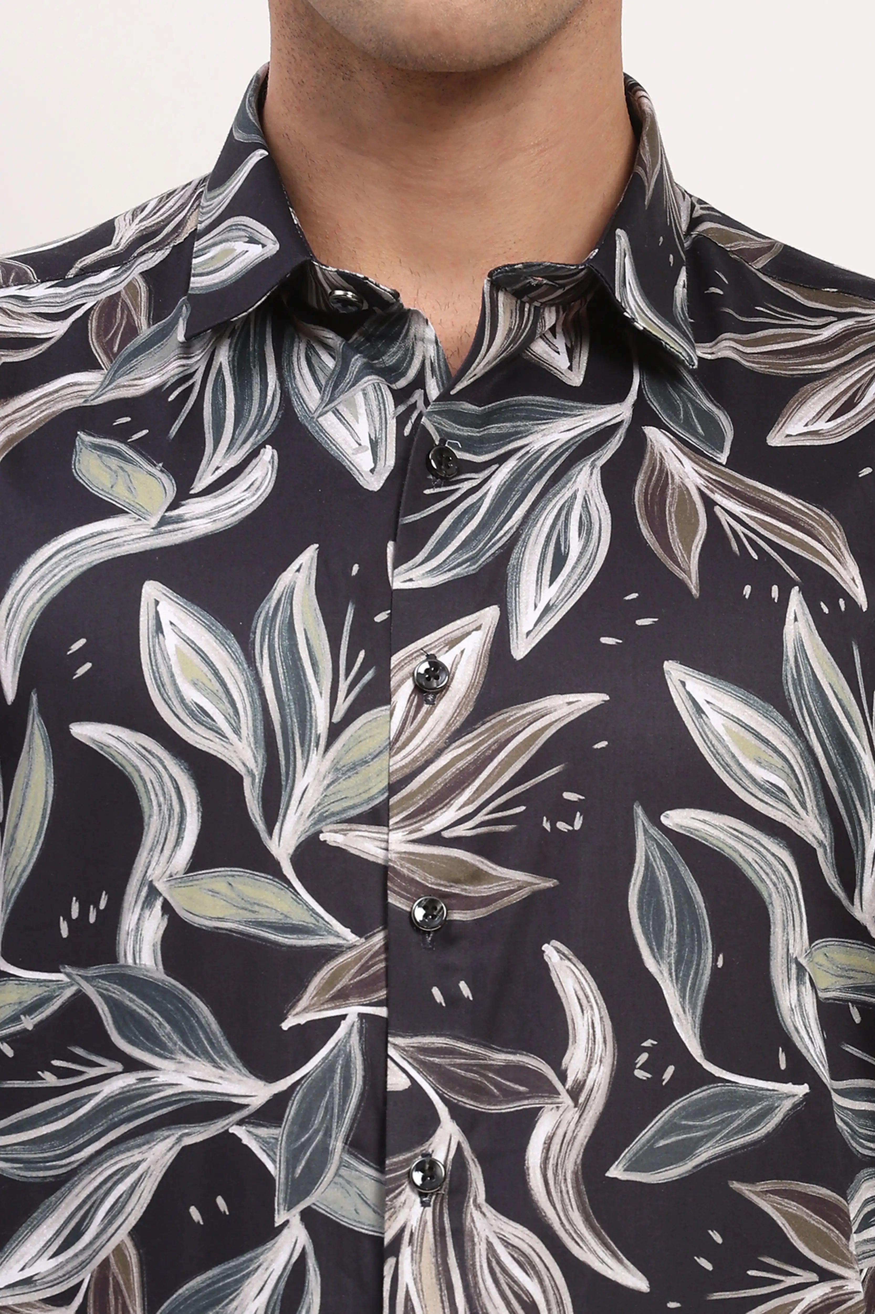 Black Leaf-Print Cotton Shirt