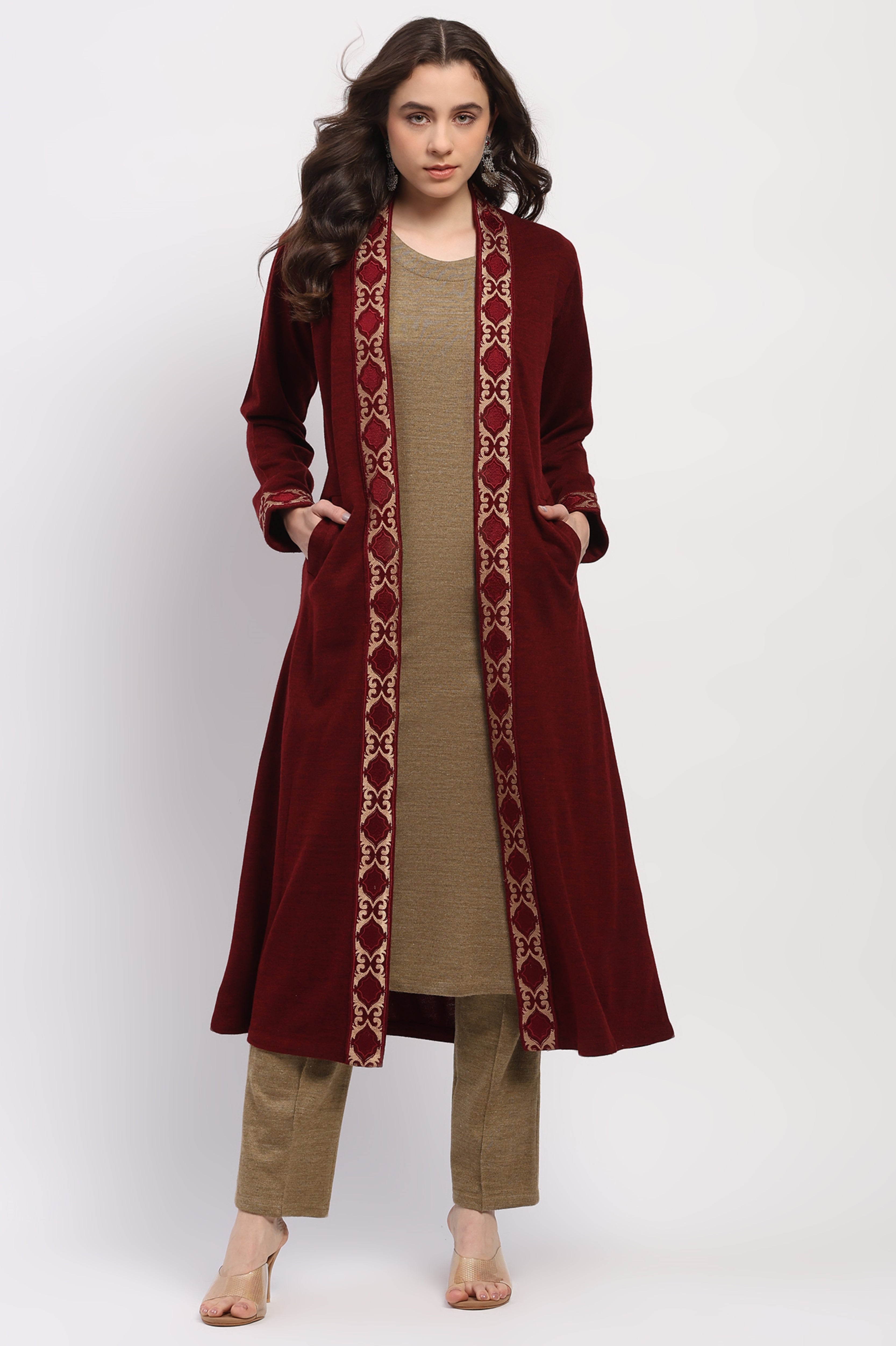 Maroon Embroidered Shrug & Beige Straight Kurta Winter Set